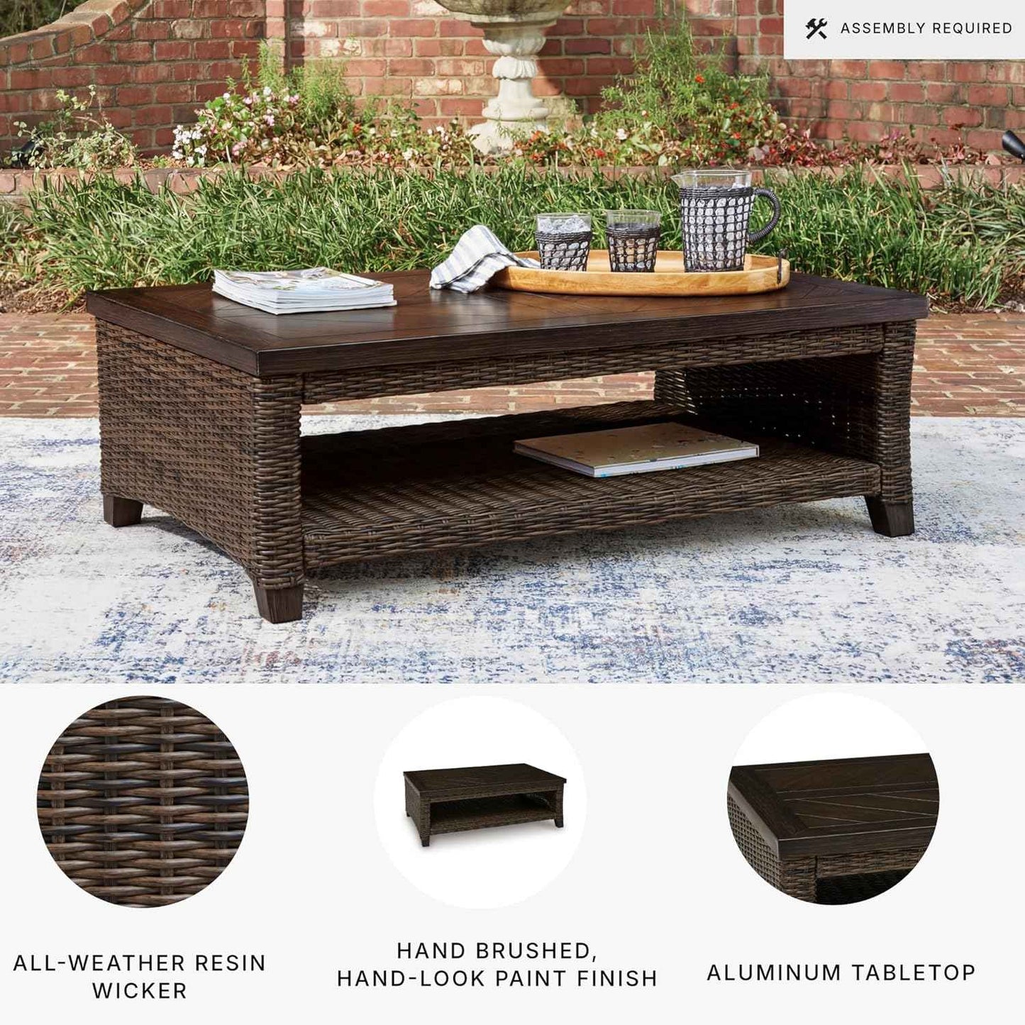 Signature Design by Ashley Drakes Beach Outdoor Coffee Table, Resin Wicker with Aluminum Frame and Wood‑Look Finish for Patio, Deck and Poolside Seating, 48" x 30"
