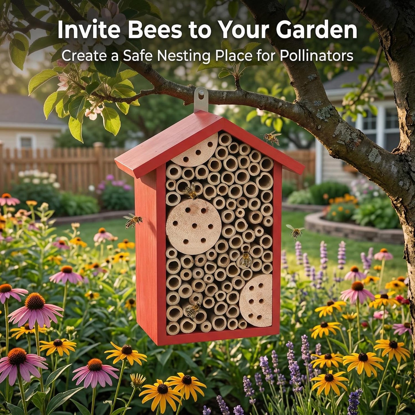 Topadorn Red Wooden Bee House, Natural Bamboo Tube Bee Hotel for Mason Bees, Outdoor Garden Pollinator Shelter with Hanging Ring