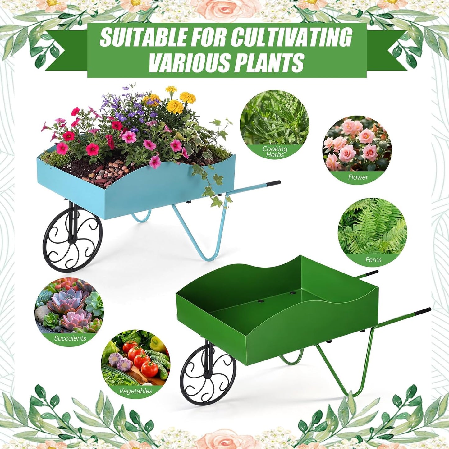 BBTO 2 Pcs Metal Wagon Planter Flower Cart Wheelbarrow Flower Pot Stand with Wheels, Handle - Vintage Garden Wagon for Vegetables Herbs, Indoor Outdoor Decorative Cart for Home Balcony Patio Backyard