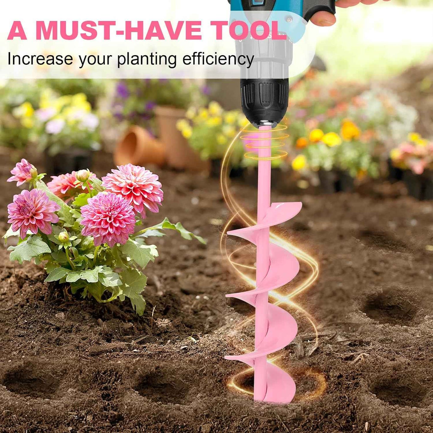 Auger Drill Bit for Planting 2 x 14.5 Inch, Garden Spiral Bit for 3/8" Hex Drive, Earth Post Hole Digger Bulb Planter Drill Auger for Planting Bedding Rapid Digging, Pretty Pink