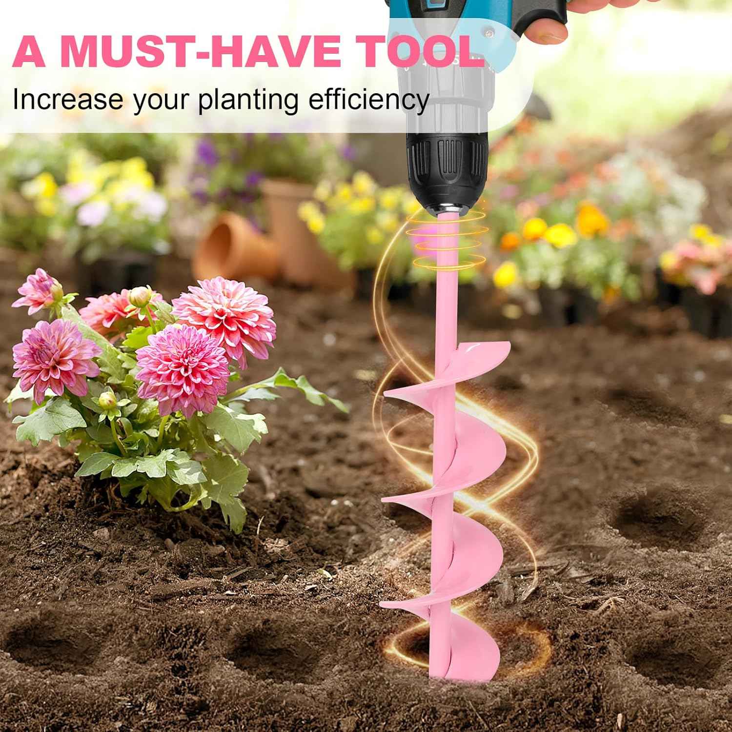 Auger Drill Bit for Planting 2 x 14.5 Inch, Garden Spiral Bit for 3/8" Hex Drive, Earth Post Hole Digger Bulb Planter Drill Auger for Planting Bedding Rapid Digging, Pretty Pink