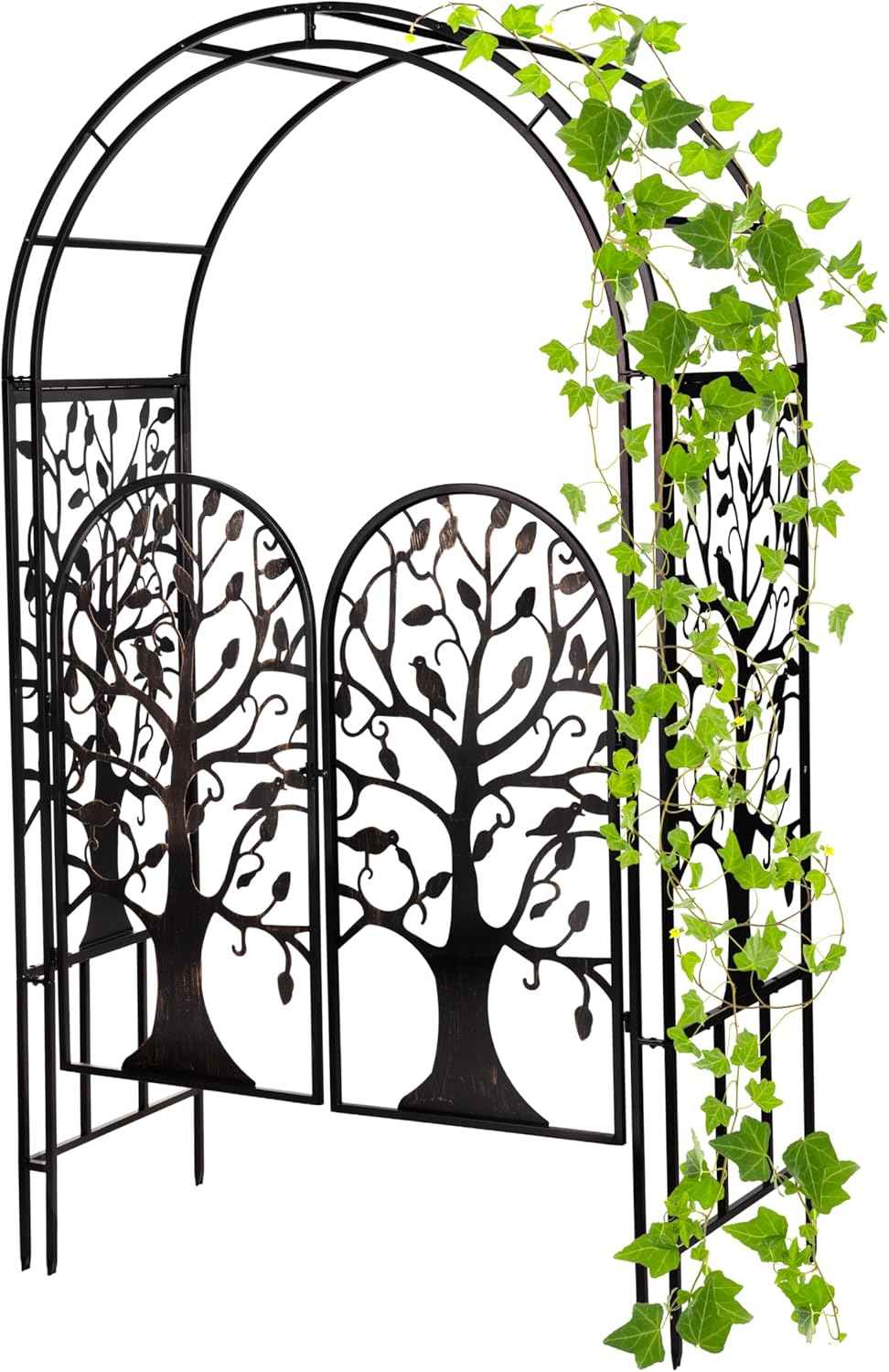 Plow & Hearth Arch Metal Outdoor Garden Arbor, 84 inches Tall, Iron Trellis Lattice for Climbing Plants, Wedding Arch, Outdoor Patio Décor (Tree of Life with Gate)