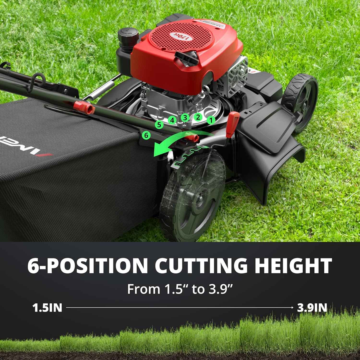 Amerisun 21" Self-Propelled Gas Lawn Mower, 170cc OHV Engine with Forced Air-Cooling, 3-in-1 System, Steel Deck, 6-Position Height Adjustment, Foldable Handle