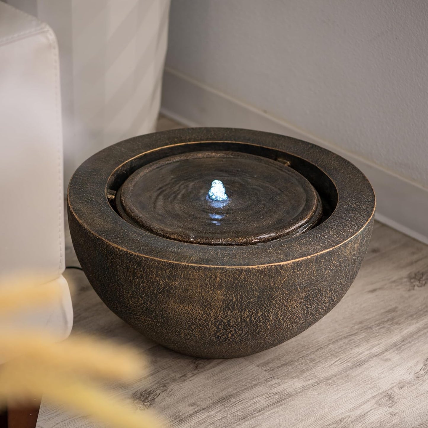 Xbrand 19.8"" W Round Polyresin Indoor/Outdoor Sphere Water Fountain w/LED Light, Garden Water Fountain, Water Bowl Fountain, Patio Water Fountain, Water Fountain Décor, Bronze, AMS3542-1