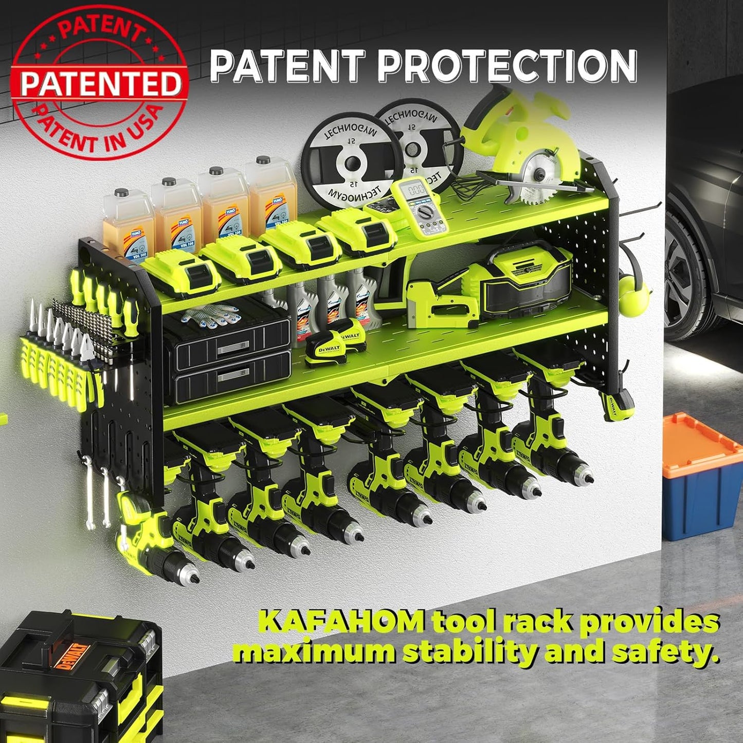 KAFAHOM Power Tool Organizer, Large 8 Drill Holder Wall Mount with 2 Side Pegboards, Heavy Duty Metal Tool Shelf with 12 Hooks, Storage Rack for Garage Organization, Battery Shelves - Green