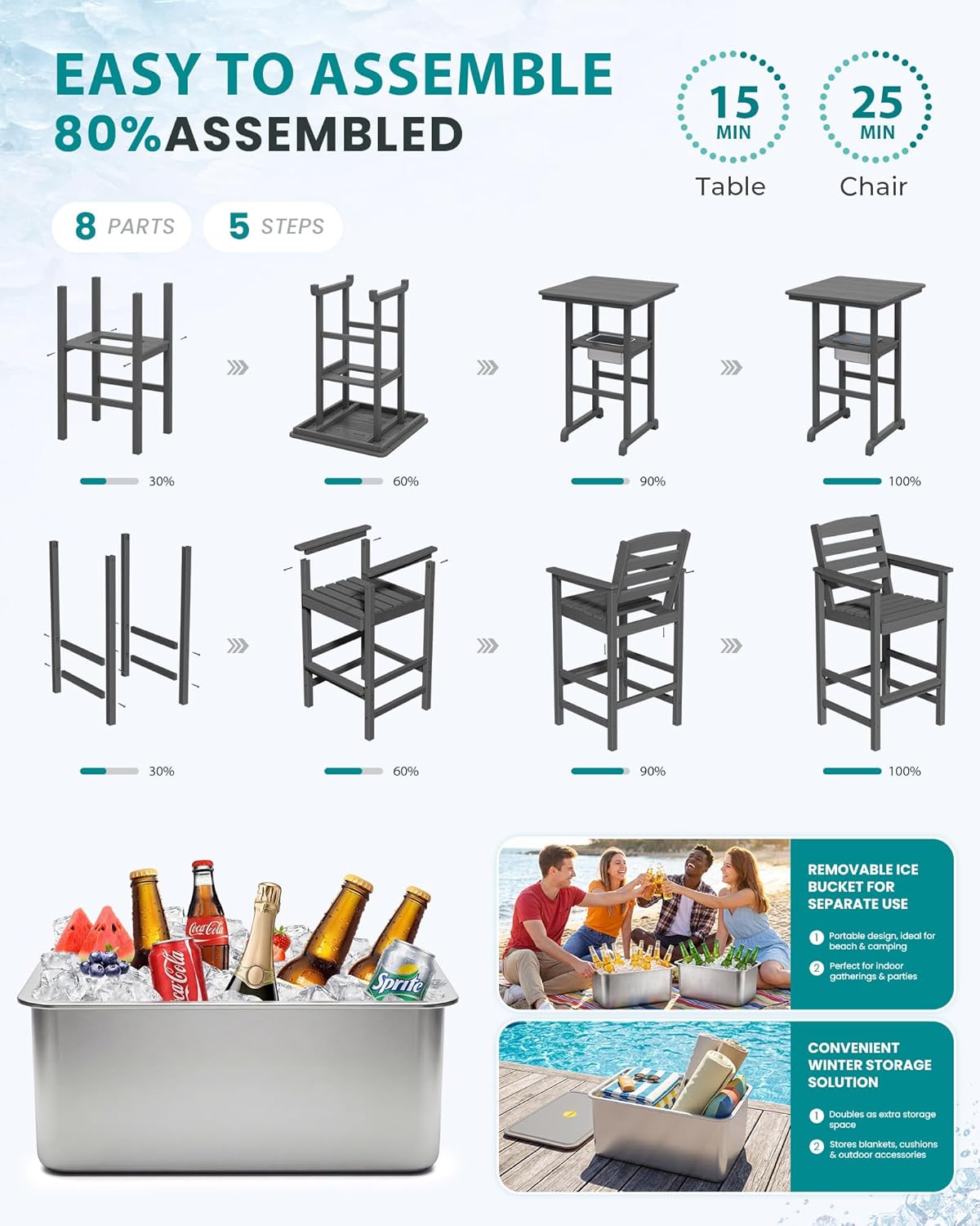 SERWALL Balcony Adirondack Chairs and Table 3 Pieces Set, HDPE Bar Height Chairs Set of 2 and Bar Table with Ice Bucket, Outdoor Bar Stools Set for Bistro, Poolside, Backyard, Grey