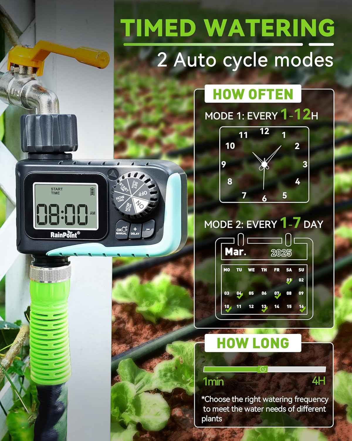 RAINPOINT Sprinkler Timer, Programmable Water Timer for Garden Hose, Outdoor Soaker Hose Timed with Rain Delay/Manual/Automatic Watering System, Digital Irrigation for Yard, Lawn, 1 Outlet