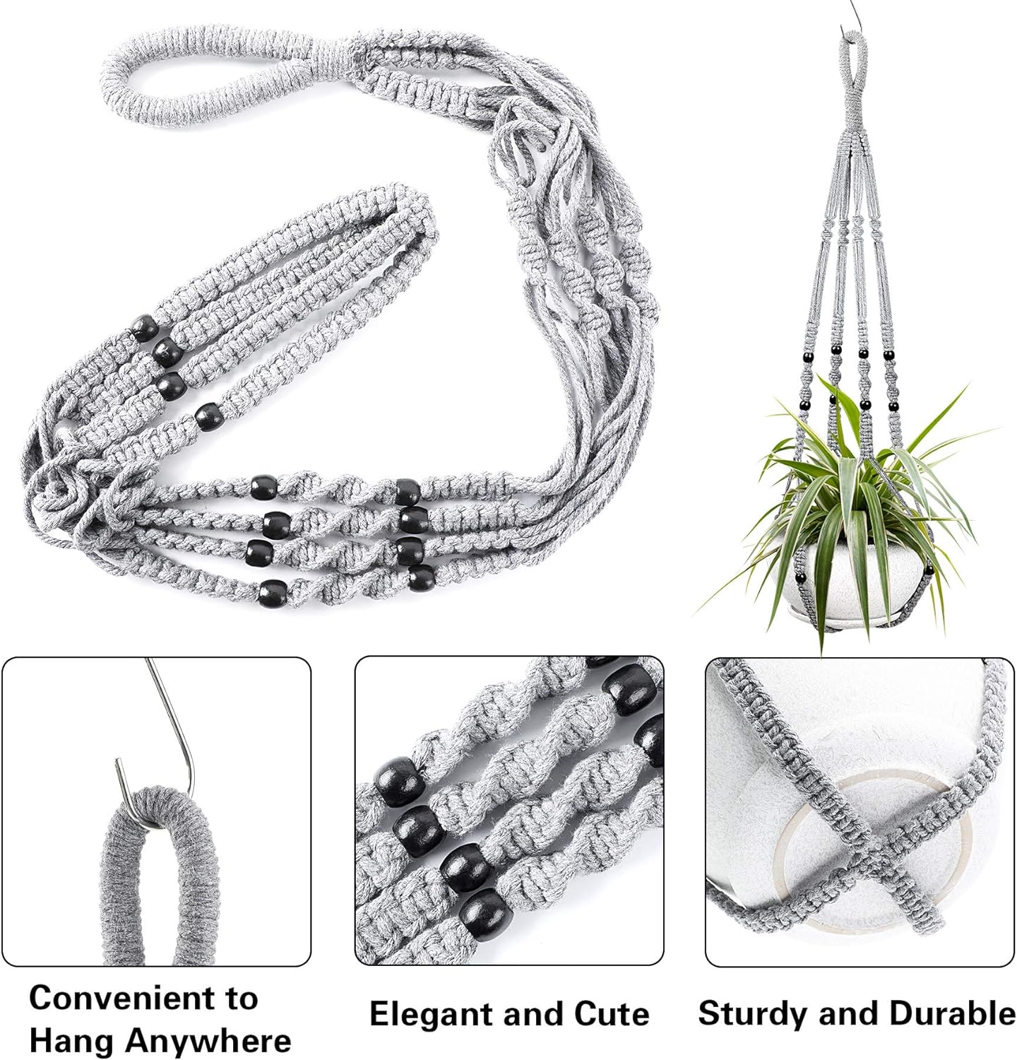 Augshy 2 Packs Macrame Hanging Planter, Indoor Hanging Planter Basket with Wood Beads Decorative Macrame Pot Hanger for Home Decor (Grey)