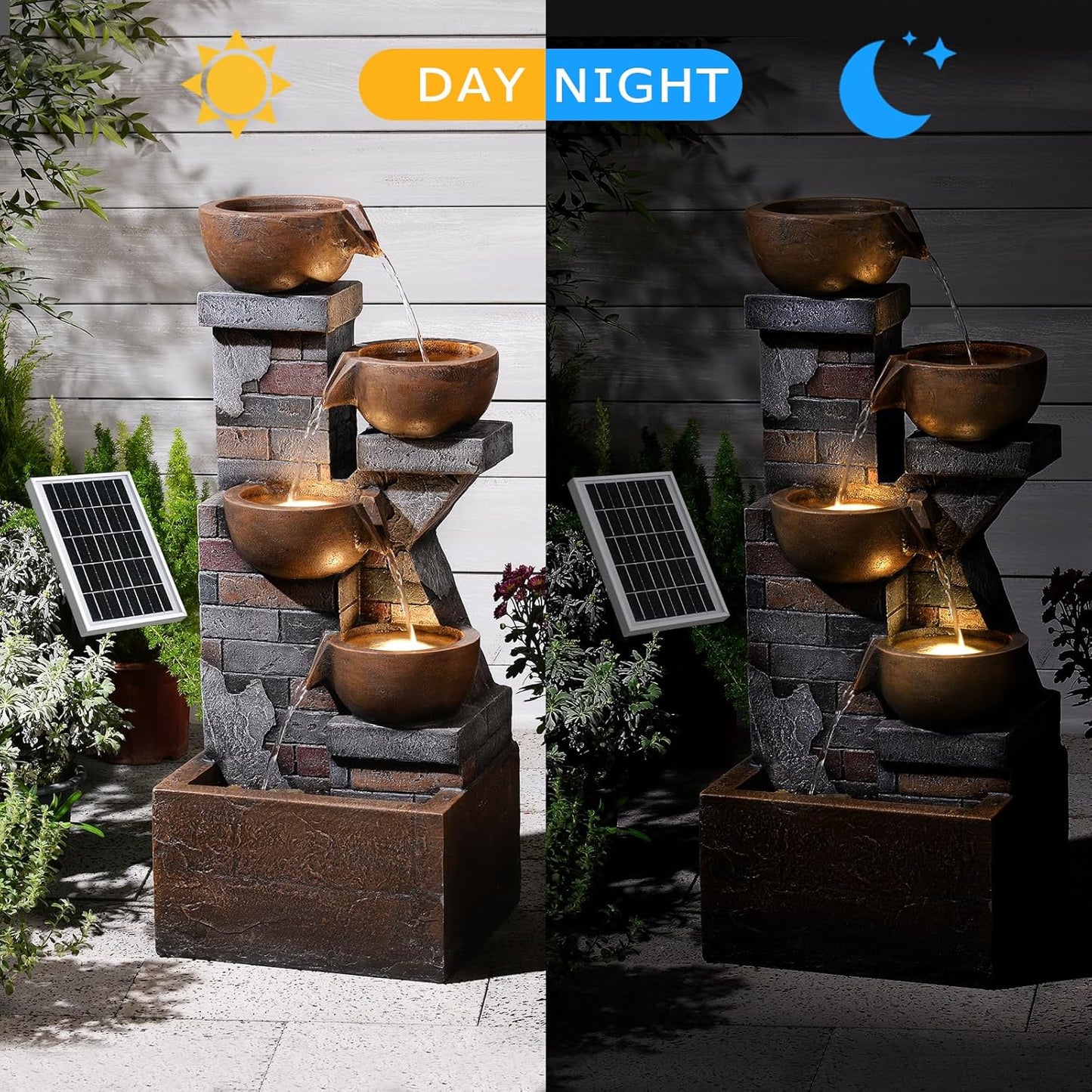 33.5" Tall Solar Water Fountain Outdoor Garden, 4-Tiered Cascading Bowl Fountains with Lights, Solar Powered Waterfall for Garden, Patio, Backyard, Deck, Porch, Indoor Decor