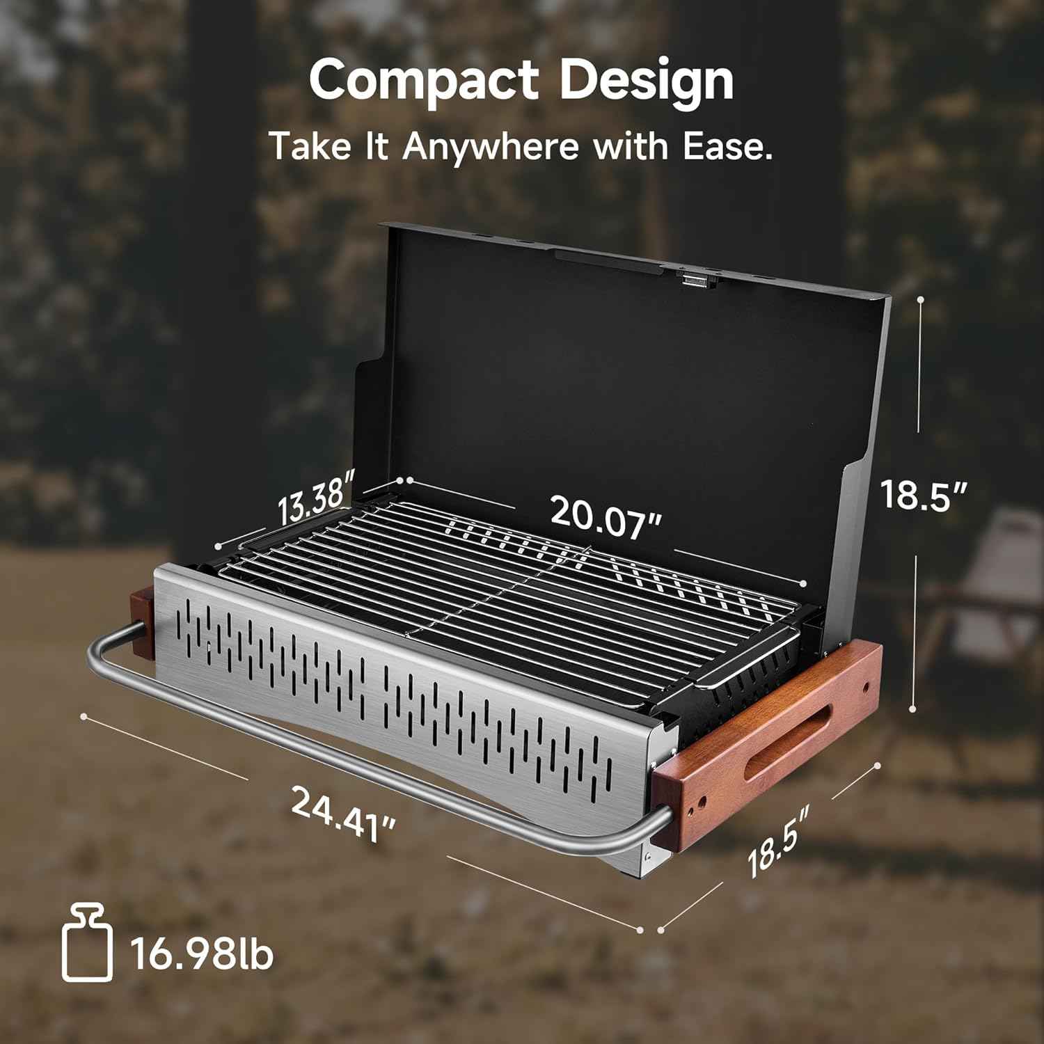 Portable Hibachi Charcoal Grill for Outdoor Camping, No Assembly BBQ Grill with Stainless Steel Grate, Height Adjustable Foldable Grill for Beach and Patio