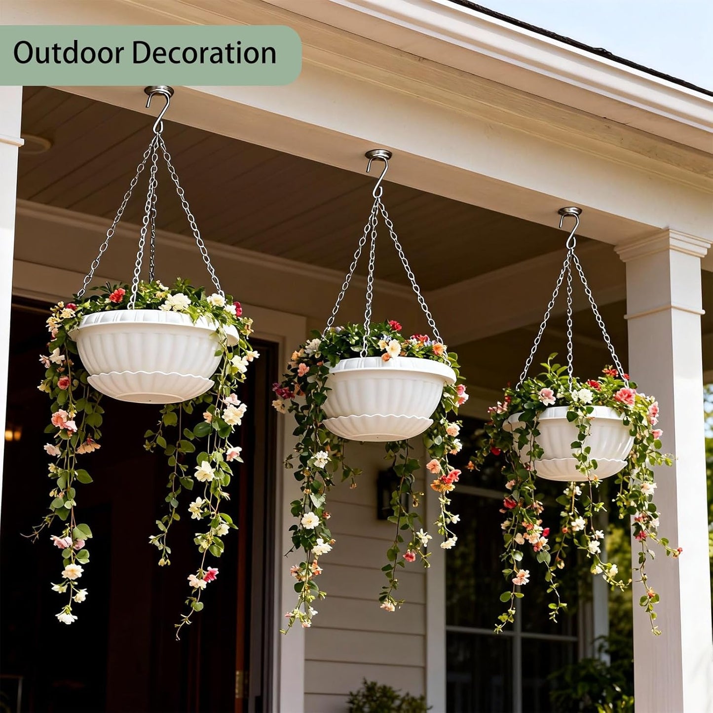 summer flower 3 Pack Large Hanging Planters 12.59in Plastic Plant Pots with Drainage Holes & Trays for Indoor Outdoor Garden Wall Window Decor (White)