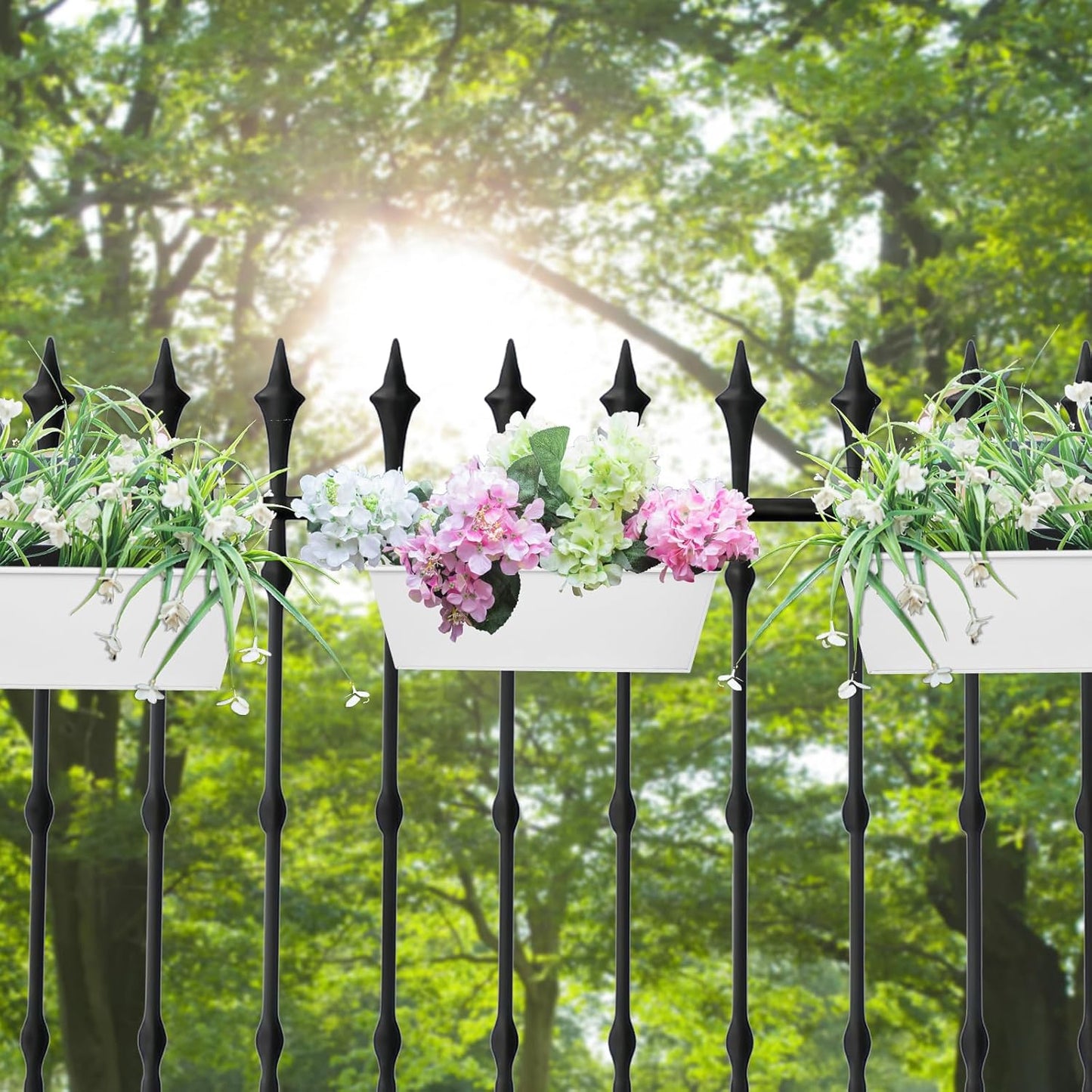 Railing Planters Outdoor Balcony 16 Inch Deck Over The Railing Planter Boxes Hanging Planters for Fence Flower 3 Pcs (White)
