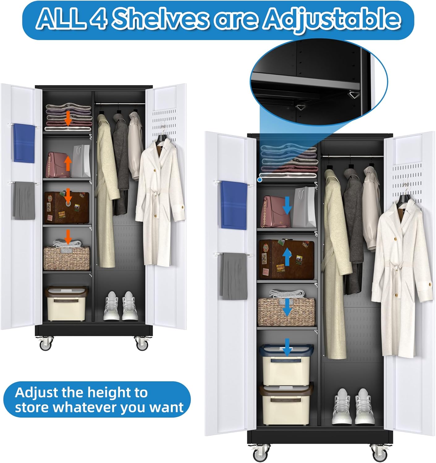 Broom Closet Storage Cabinet with Hanging Rod, 71" H Metal Garage Storage Cabinet with Wheels and 4 Adjustable Shelves, Locking Broom Closet with 13 Hooks for Garage, Bathroom, Home