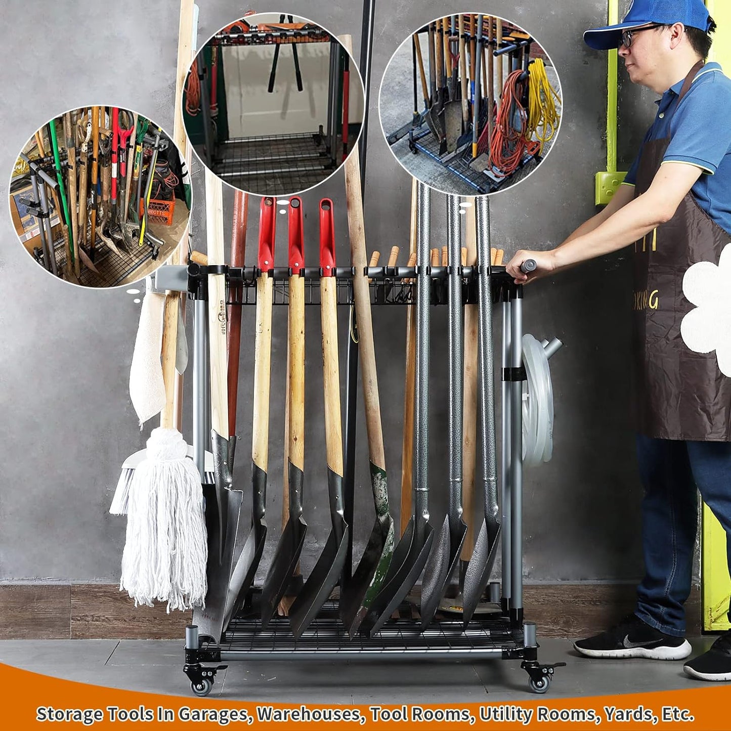 Heavy duty garden tool organizer garage storage holder storage large long farming tools lawn tool metal rack shovel and rake organizer