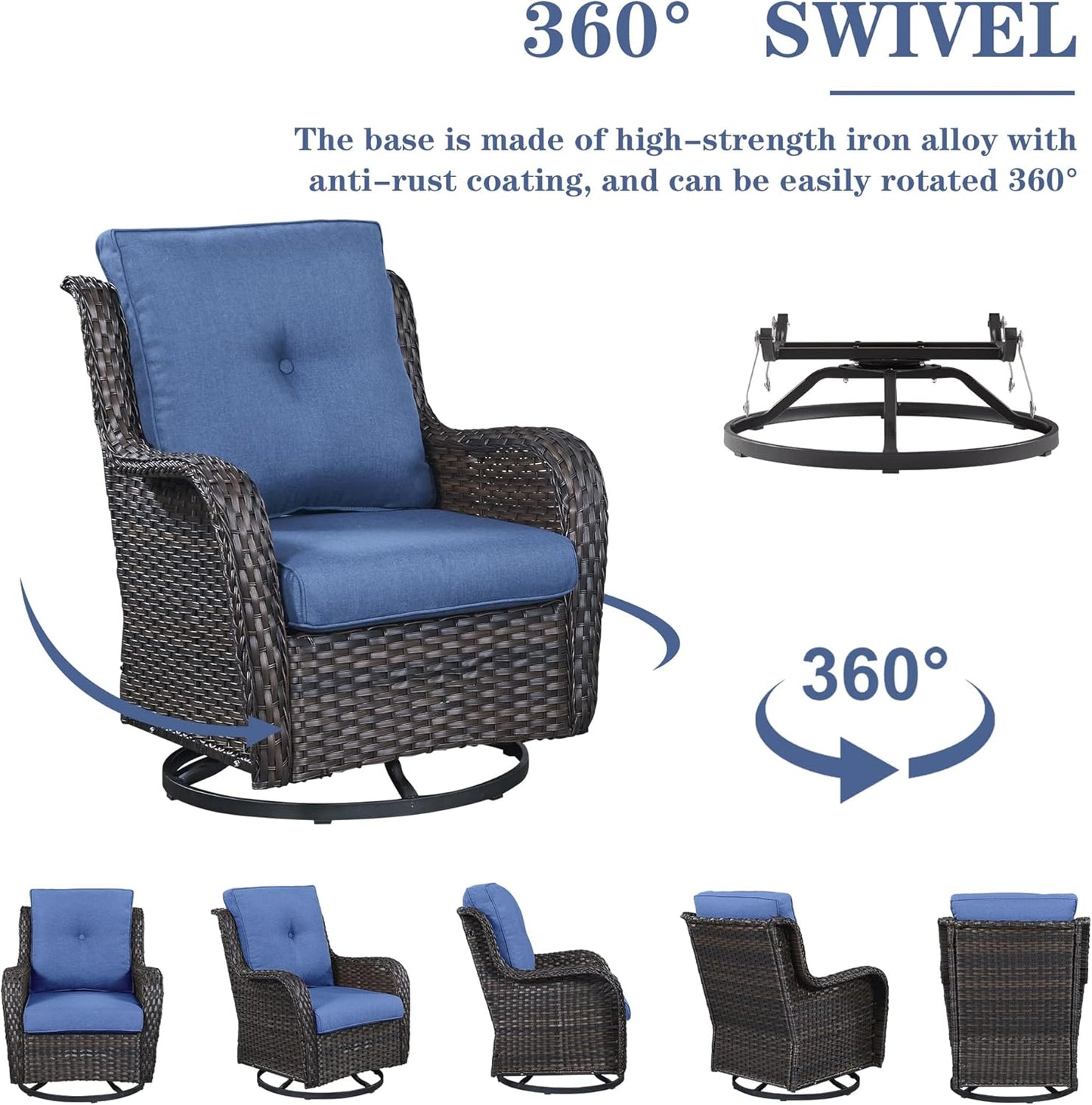 Wicker Patio Furniture Sets - 8 Piece Outdoor Rattan Furniture Conversation Sets with 4 Swivel Rocker Chairs, Rattan Sofa, Wicker Ottomans and Coffee Table, Brown/Blue