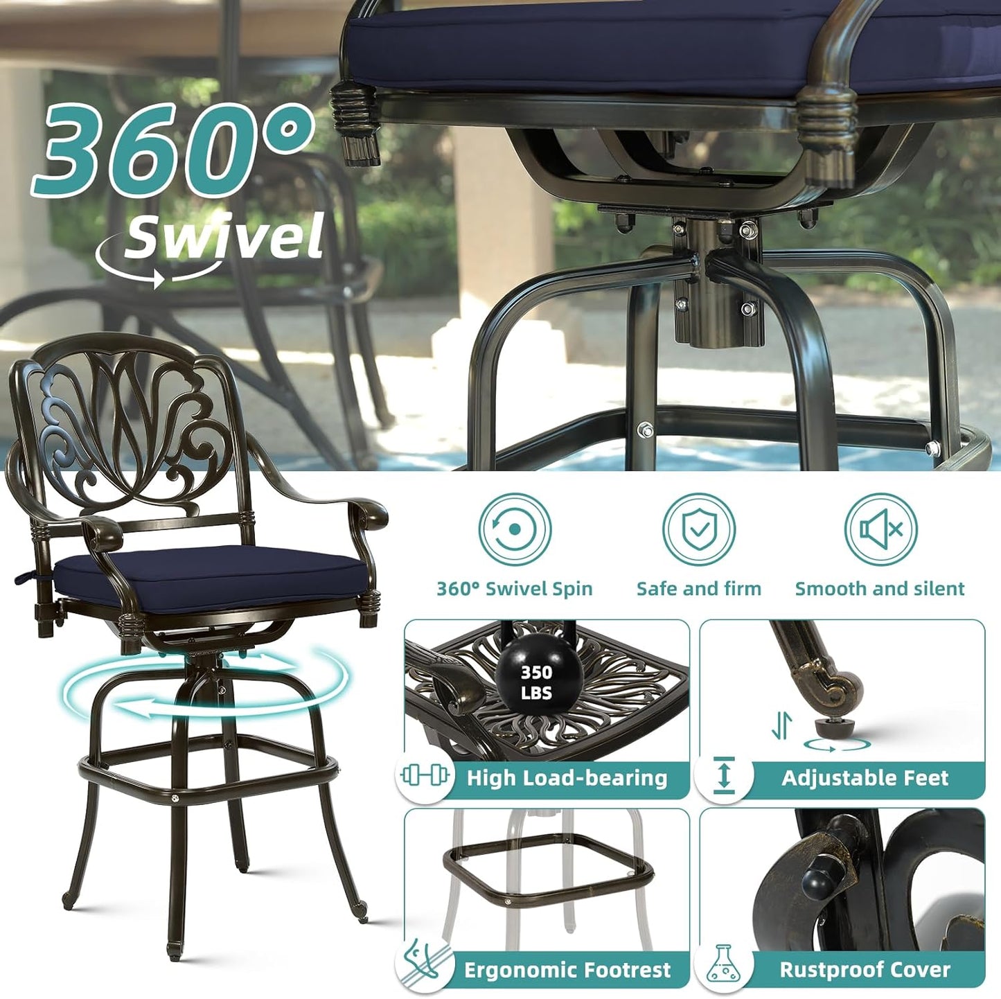 MEETWARM 5-Piece Patio Swivel Bar Set, All-Weather Cast Aluminum Outdoor High Bar Stool Bistro Set for Backyard Garden with 4 Cushions Bar Chairs with Footrest and 35.4" Bar Table, 2.2" Umbrella Hole