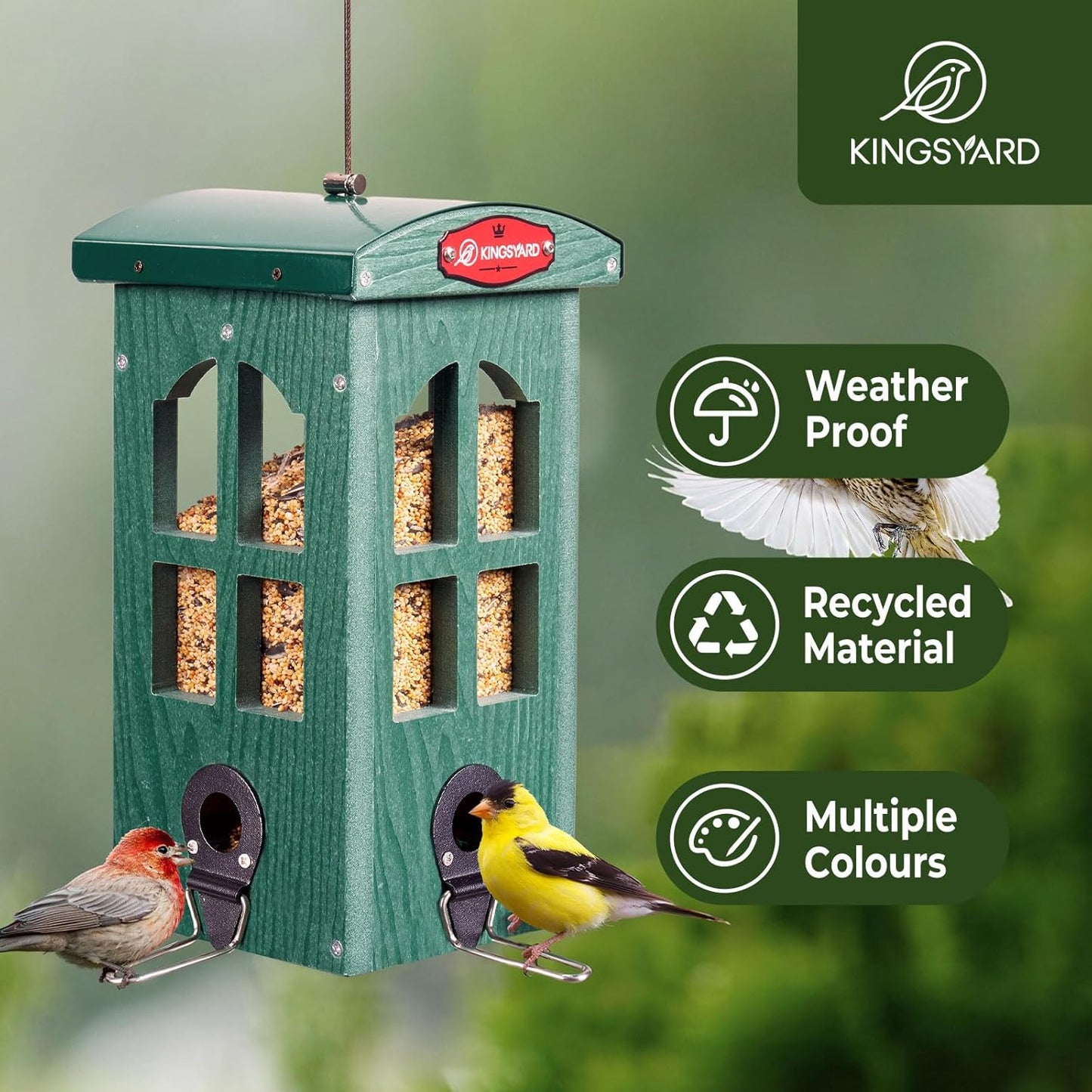 Kingsyard Upgraded Rainproof Bird Feeder for Outdoor Hanging - Metal Feeding Port, Recycled Plastic Wild Bird Feeder with Metal Mesh Tray for Goldfinch Small Bird, Garden Yard Decoration, Green