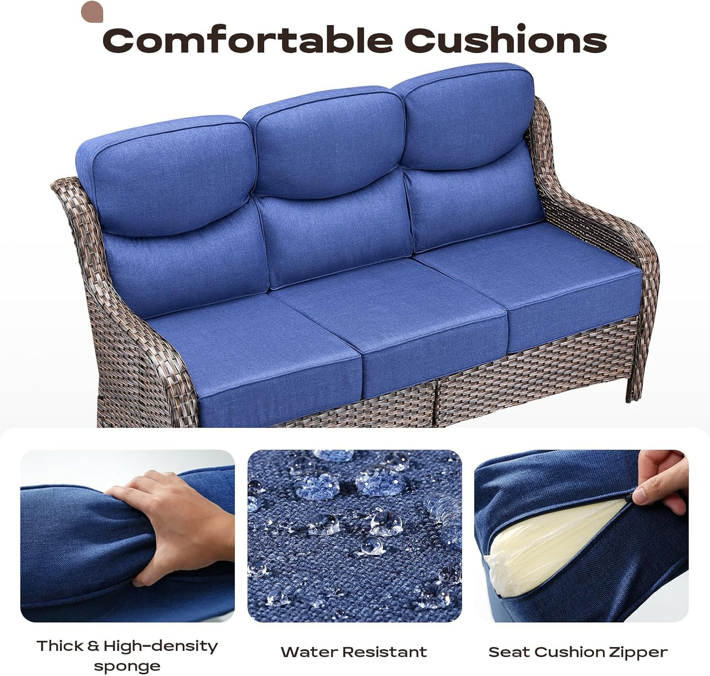 Wicker Outdoor Patio Furniture Set - 6 Piece Patio Conversation Sets with Swivel Rocker Chairs, Ottomans, Sofa and Coffee Table, 6 inch Cushions, Deep Seating, for Porch Deck Brown/Blue