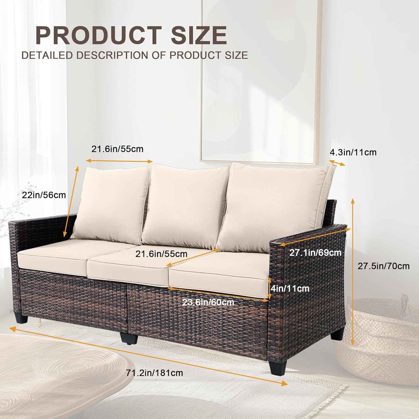 3-Seater Deep Seat Outdoor Sofa - High Back Patio Couch with Water-Resistant Cushions, All-Weather PE Rattan for Patio, Garden (Modern Design) (Beige)