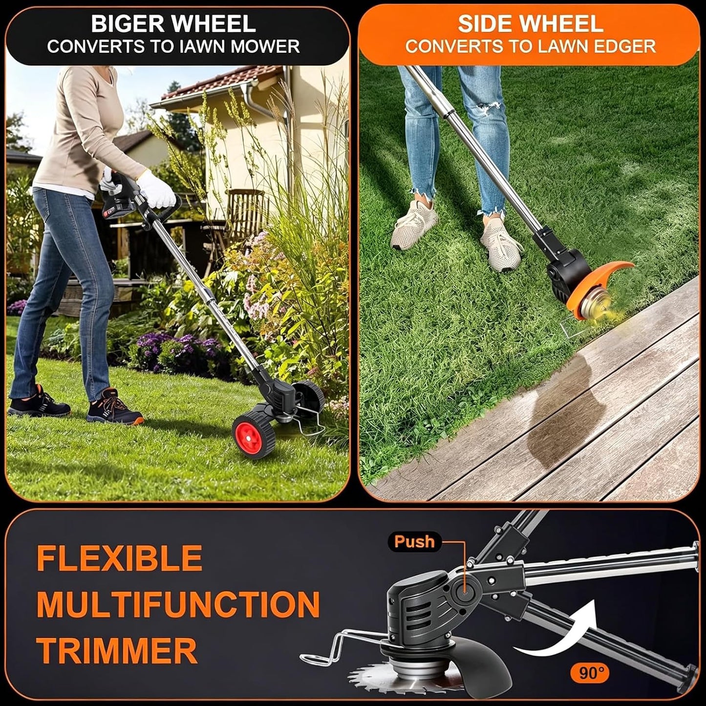 Stringless Weed Wacker Electric Weed Wacker Cordless with Wheels, 2pcs Batteries&4 Types Blades,Lightweight, 21V Weed Trimmer 3-in-1 Grass Trimmer/Brush Cutter/Edger, for Thick Weeds&Yard Garden