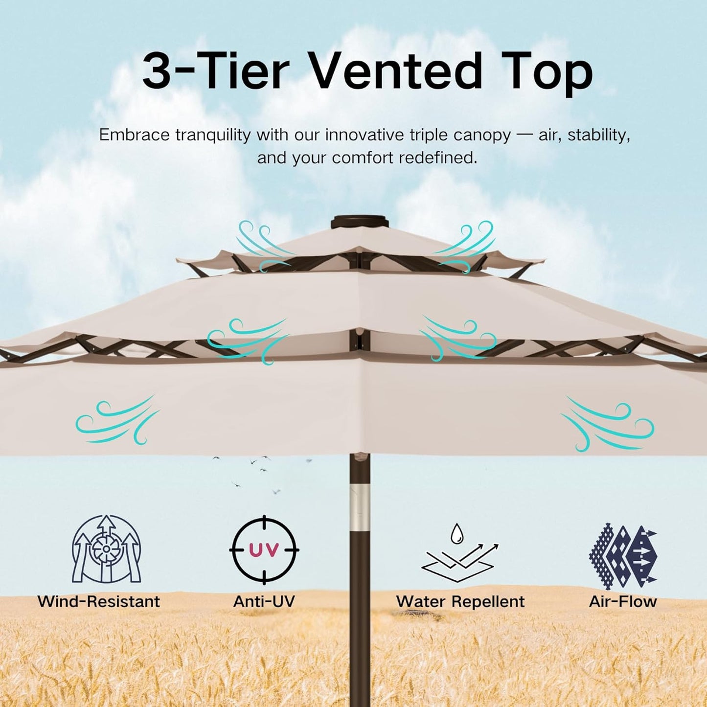 Kingdura 10ft 3-Tier Patio Umbrella, Outdoor Table Umbrella with Easy Crank & Tilt, 8 Reinforced Ribs, UV Protection for Deck, Pool, Market, Backyard (Beige)