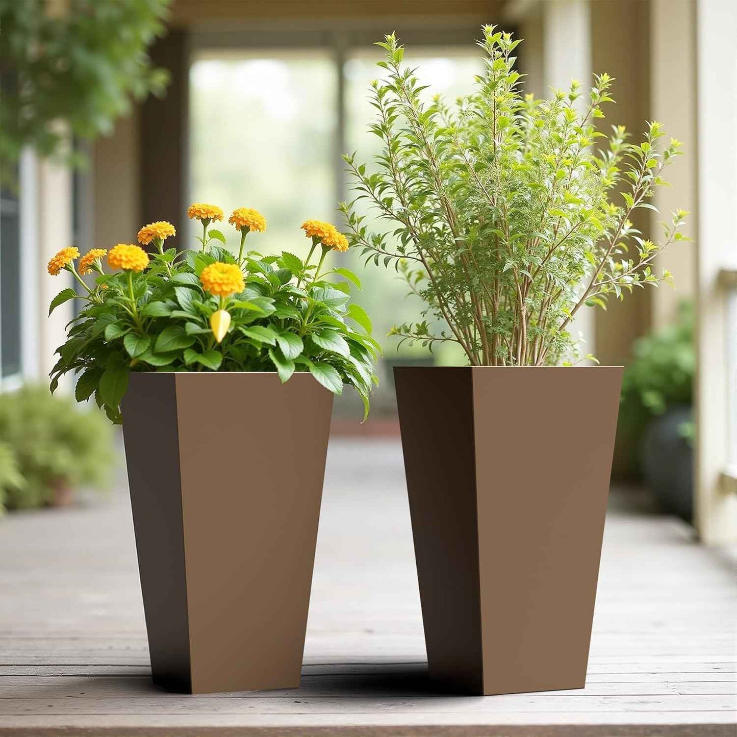 Casaphoriar 28 Inch Tall Metal Planter Box Set of 2, Weather-Resistant Indoor/Outdoor Flower Pots with Removable Inner Shelf, Perfect for Patio, Garden, and Balcony Decor, Brown