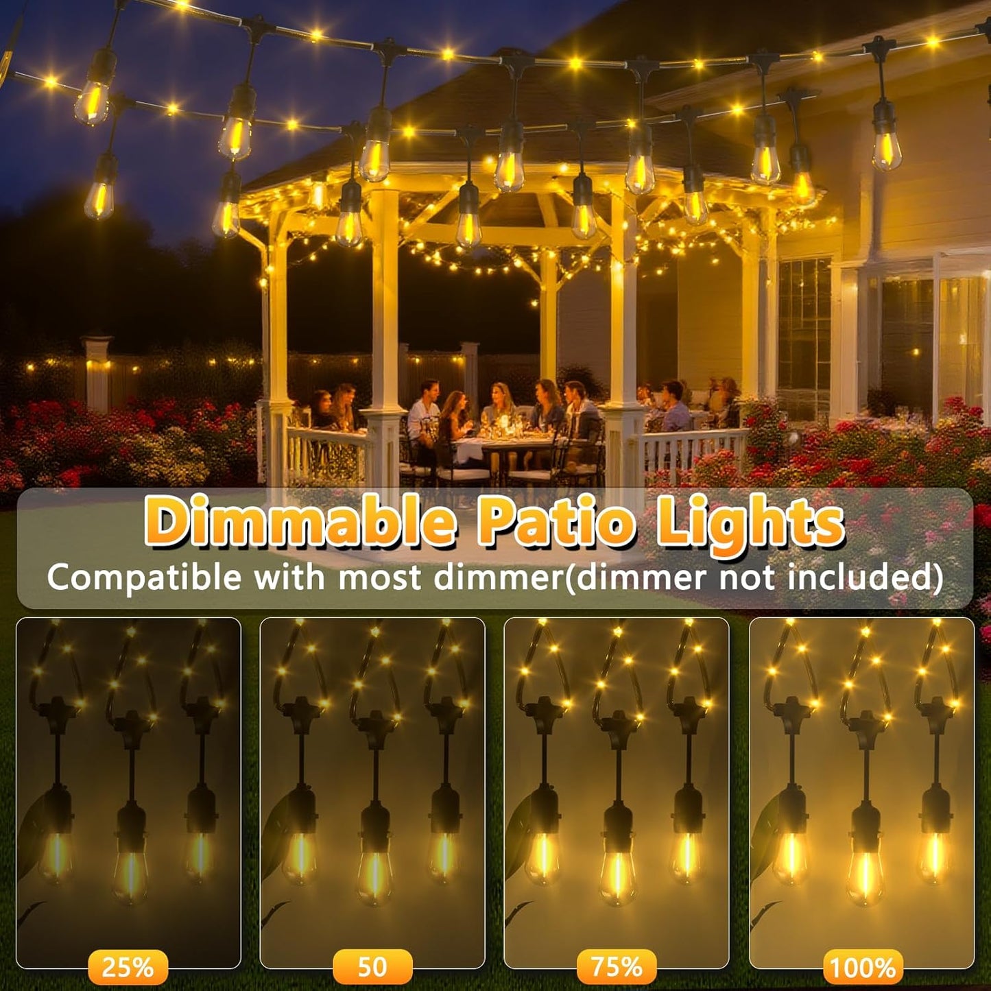 Outdoor String Fairy Lights, 48ft Dimmable Patio Lights with 15+1 S14 Retro Edison Bulbs & 144 Fairy Rope, IP65 Waterproof, LED Outside Hanging Light for Party Backyard Bistro, 7 Strands Connectable