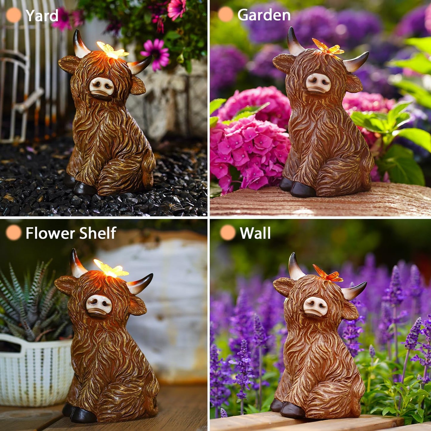 Solar Garden Statue Highland Cow Figurine – Outdoor Decoration with Butterfly for Garden Yard Lawn Home Decor Outside : Unique Gifts for Mom Grandma