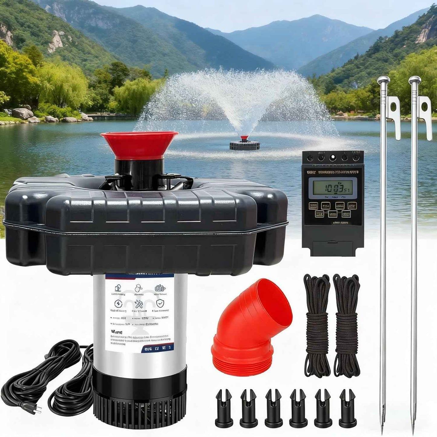 Pond Fountain Aerator 1HP 110V 750W - pond fountain- pond aerator 15,000 GPM - Includes 100-foot Power Cord - Features Tow Rope Steel Anchoring Pin Timer - Suitable for Ponds and Lakes