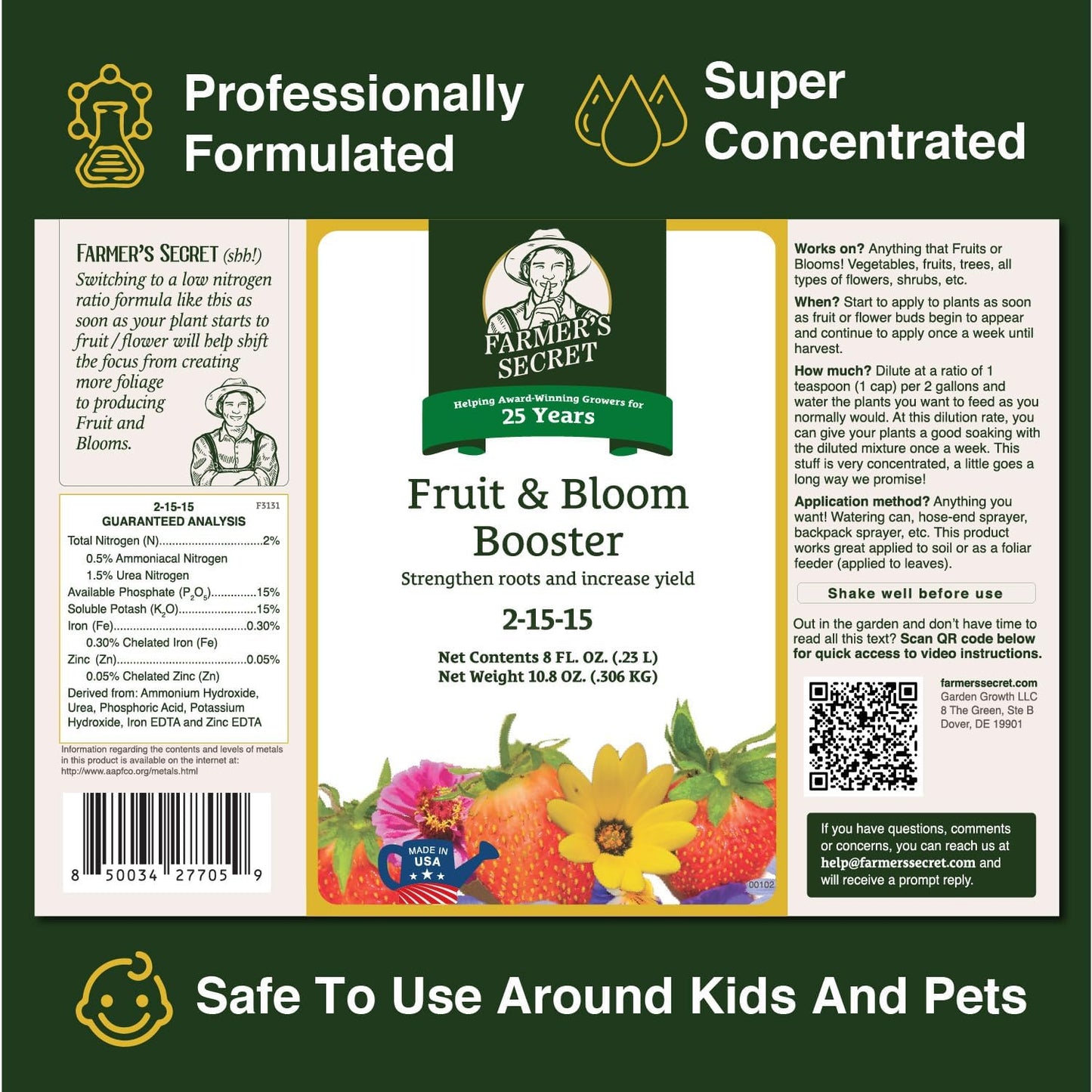 Farmer’s Secret Fruit & Bloom Booster Fertilizer (32oz) - Super Concentrated - Boosts Flowering and Yield on All Varieties of Fruits, Vegetables and Flowers