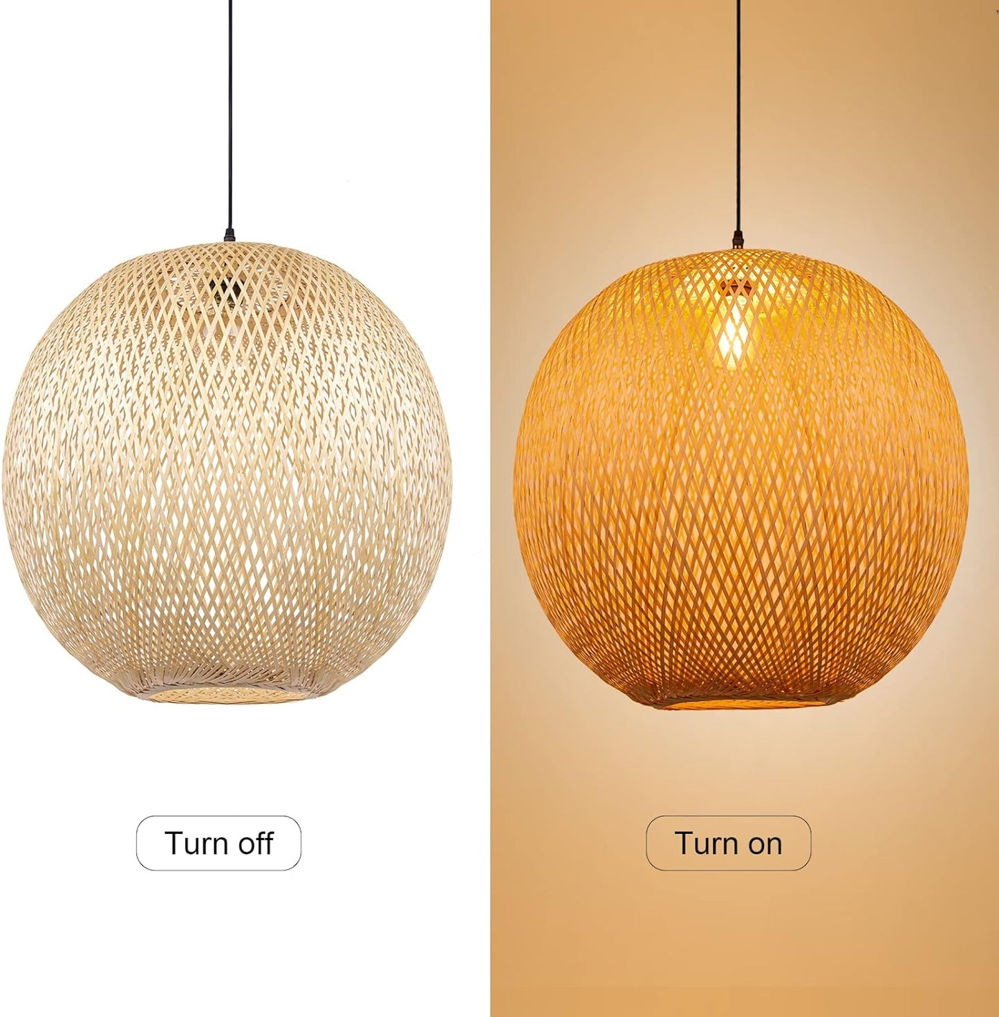 Arturesthome Round Bamboo Pendant Lights, Wicker Chandelier Hand-Woven Boho Basket Lampshade Hanging Ceiling Light for Kitchen Island Living Room