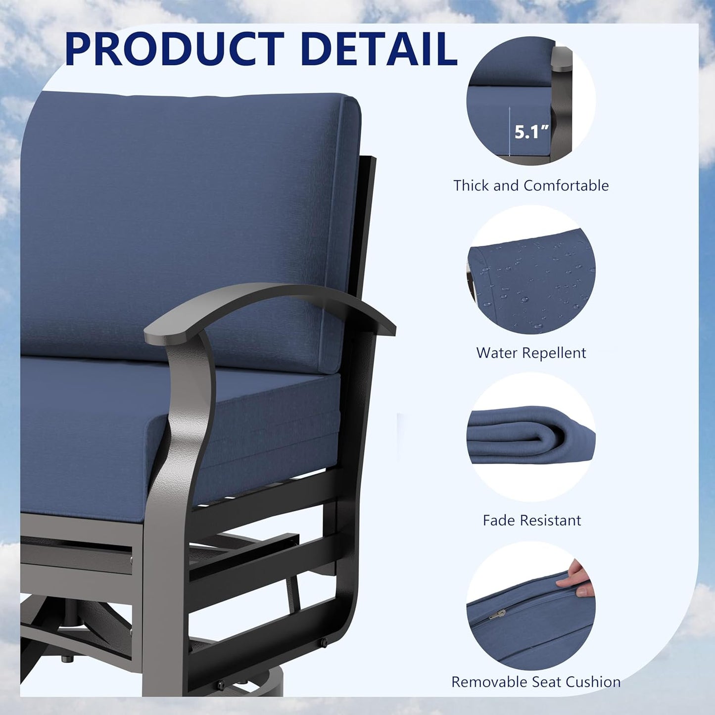 Aluminum Outdoor Patio Furniture Set,6 Pieces 7 Seats Patio Conversation Sets,Metal Patio Sectional Furniture Set with 5.1" Thickened Cushions,Swivel Rocking Chairs Set,Navy Blue