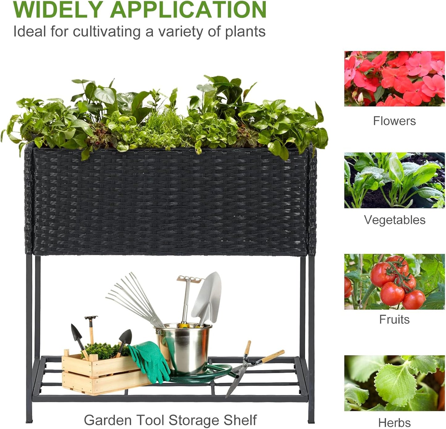 LEWIS&WAYNE Raised Garden Beds Outdoor with Legs Handmade Wicker Planter Box with Removable Liner & Storage Shelf Elevated Garden Bed for Vegetable Flower Herb - Black