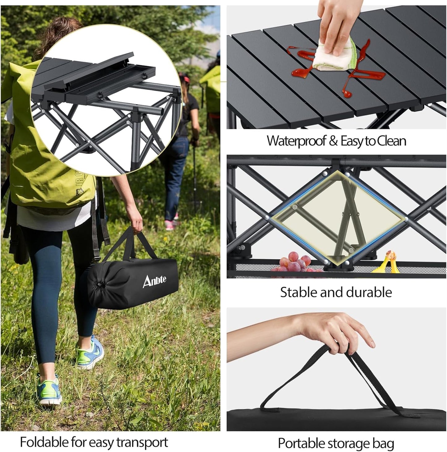 Folding Camping Table, Aluminum Roll Up Camping Table Adjustable Height with Storage Net and Bag, Lightweight Outdoor Table 25” X 16”, for Outdoor Travel BBQ Party Picnic, Black
