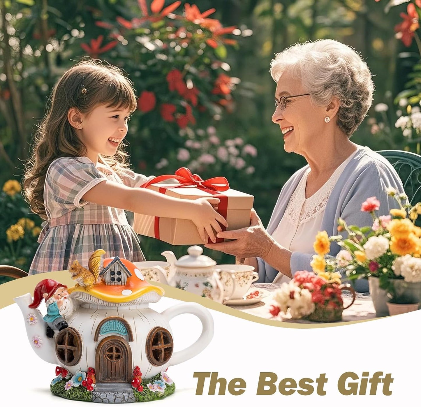 Mushroom Fairy House Garden Decor Solar Light – Outdoor Gnome Statue with Squirrel, Resin Teapot Decorative Figurine for Patio, Lawn, Yard & Balcony, for Women, Mom, and Home