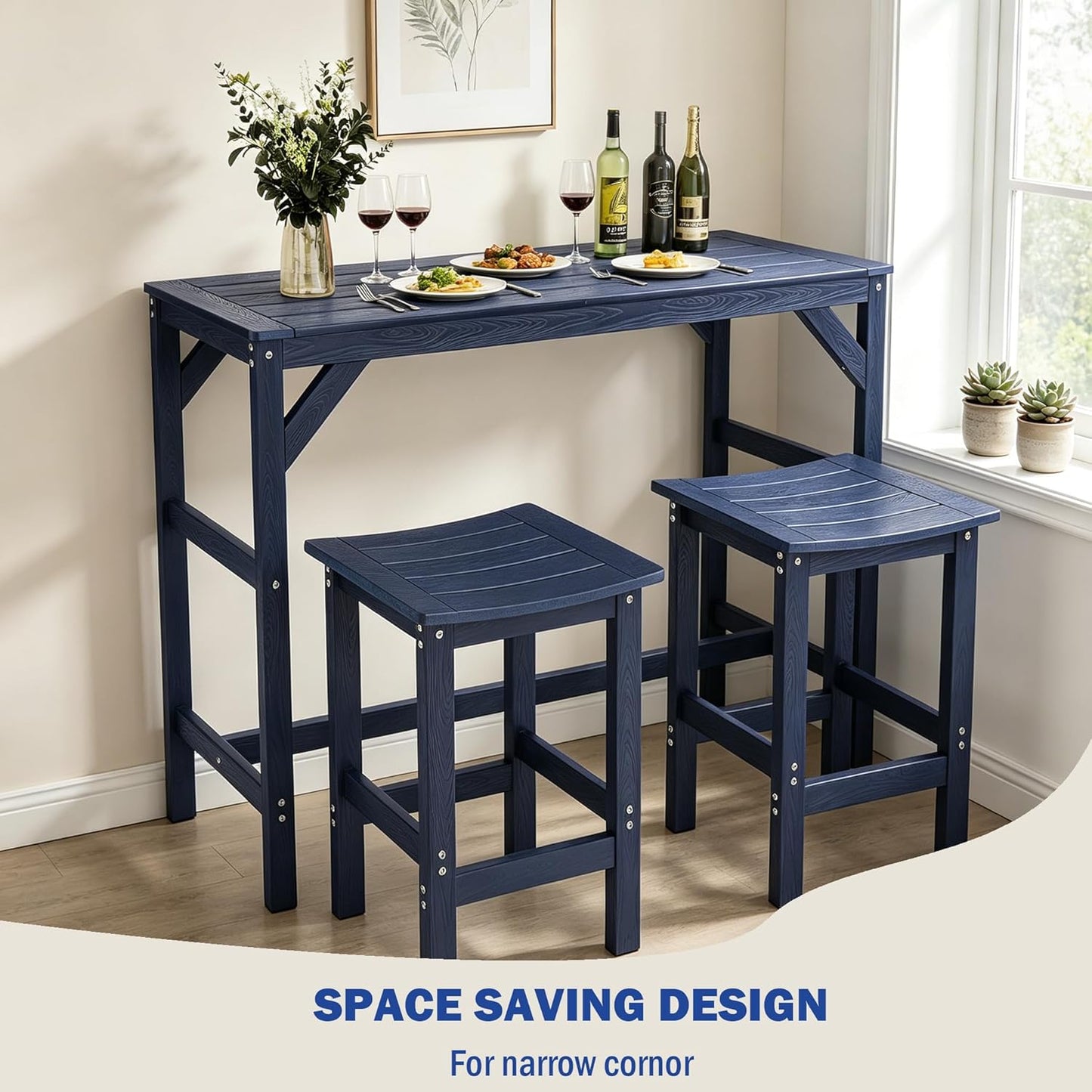 Outdoor Patio Bar Set,All Weather HIPS Table and Chairs Set,High Top Dining Table with 2 Bar Stools,Outside Rectangle Furniture for Balcony,Poolside,Backyard, Garden (Blue, 3 pcs)