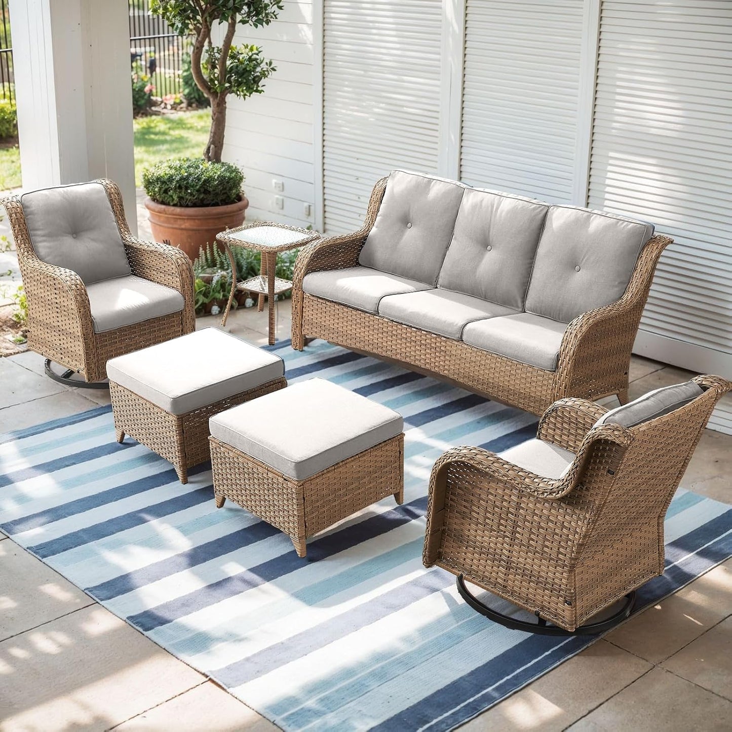 Outdoor Wicker Patio Furniture Set - 6 Piece Rattan Patio Conversation Set with 2 Rocking Swivel Chairs,2 Ottomans,1 Sofa and 1 Side Table for Porch Deck Backyard Garden(Yellow/Beige)