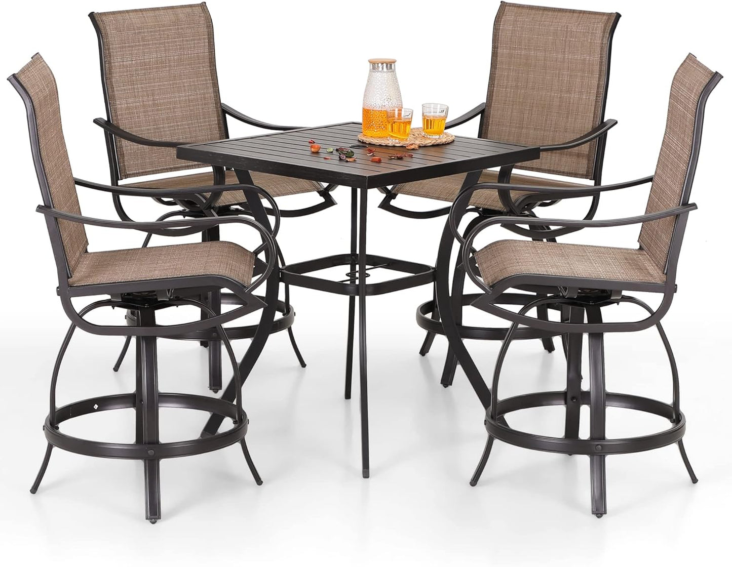 PHI VILLA 5 Piece Outdoor Bar Set, Counter Height Patio Bar Bistro Table and Swivel Bar Stools Chairs with All Weather Brown Textilene Fabric for Garden, Yard, Poolside
