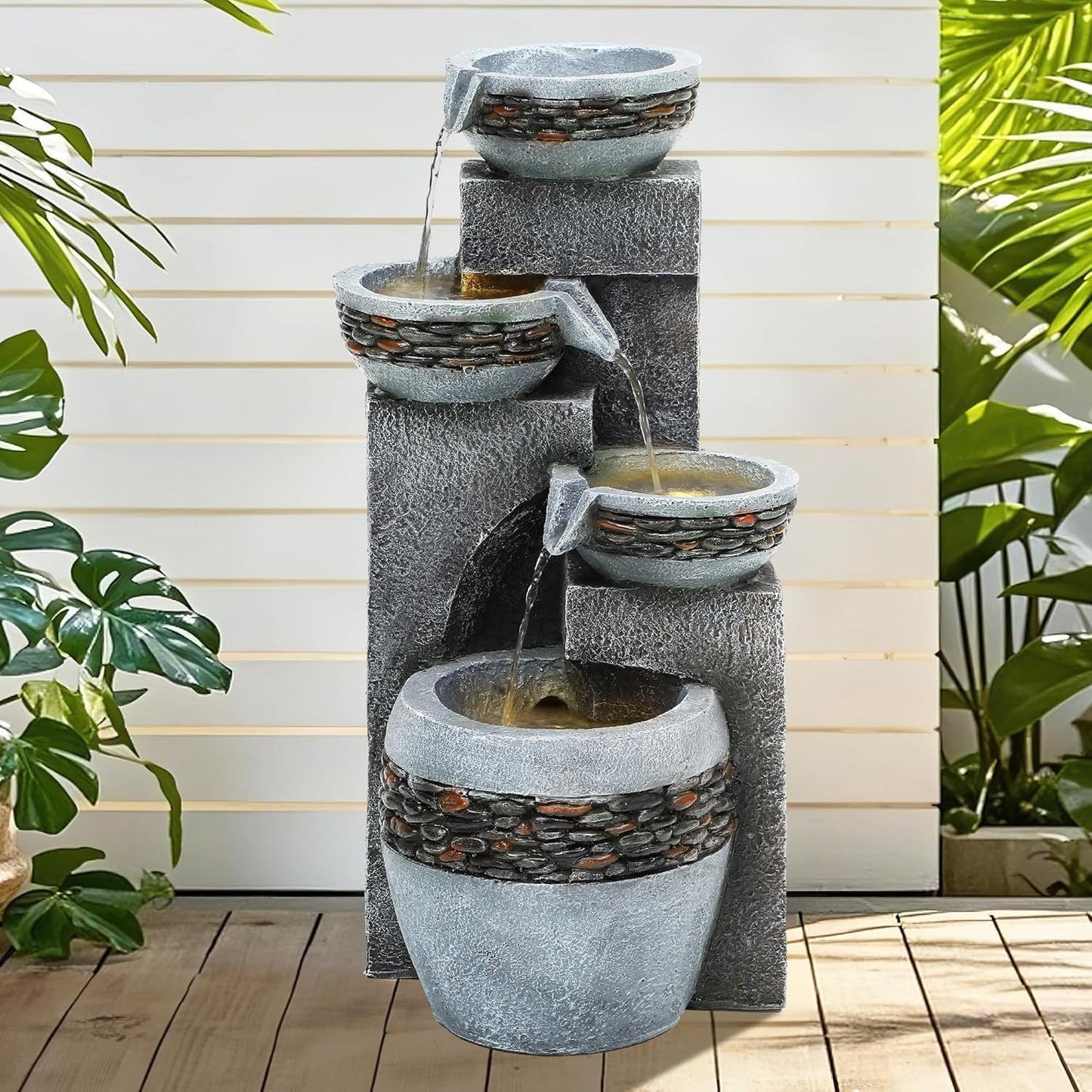 19.5" Tall 4-Tier Pedestal Outdoor Water Fountain with LED Lights and Pump, Relaxing Garden Fountain Waterfall for Patio, Porch, or Yard