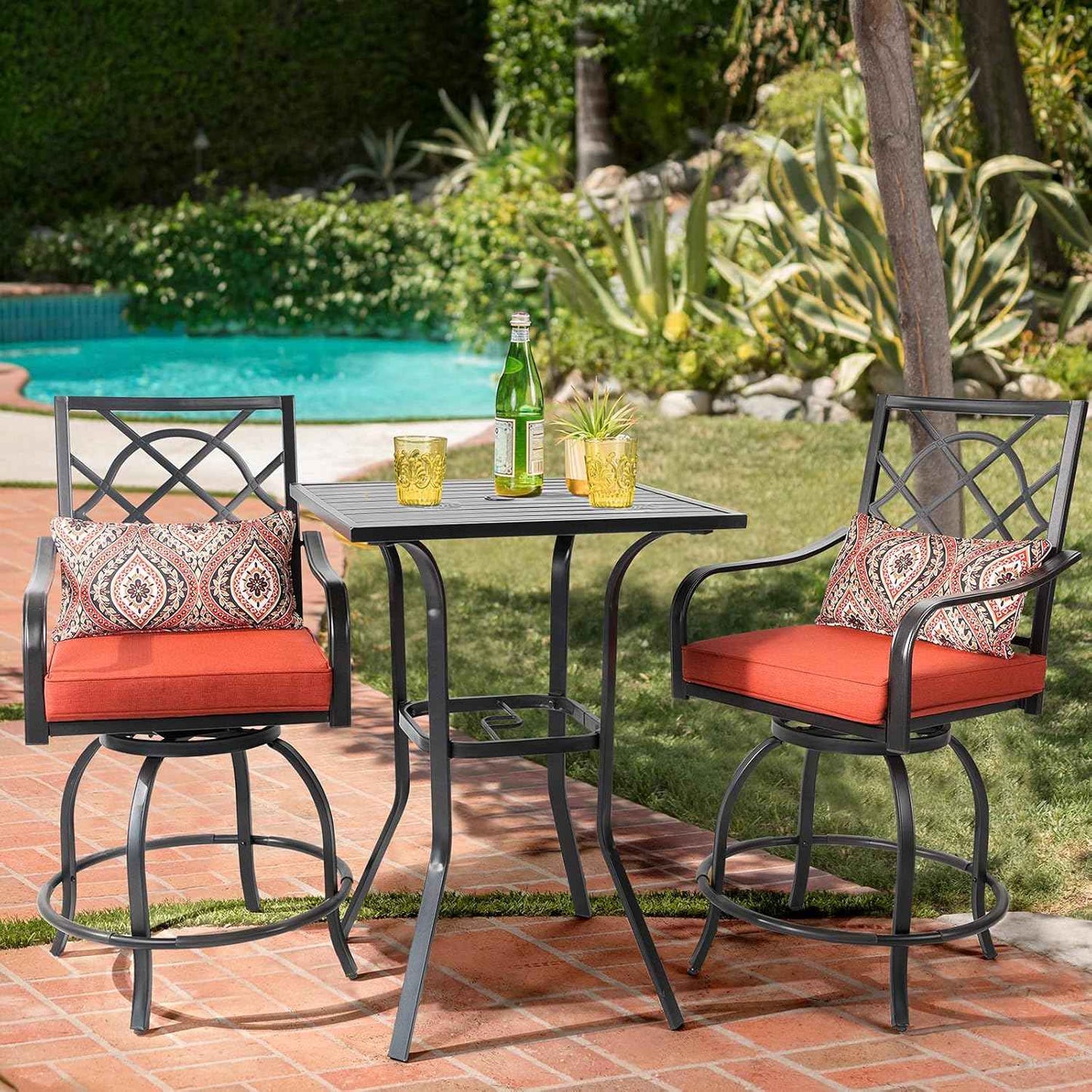 Patio Height Bar Table, Outdoor Bistro Square High Top Dining Table with 1.57'' Umbrella Hole & Steel Slat Table Top (Black)