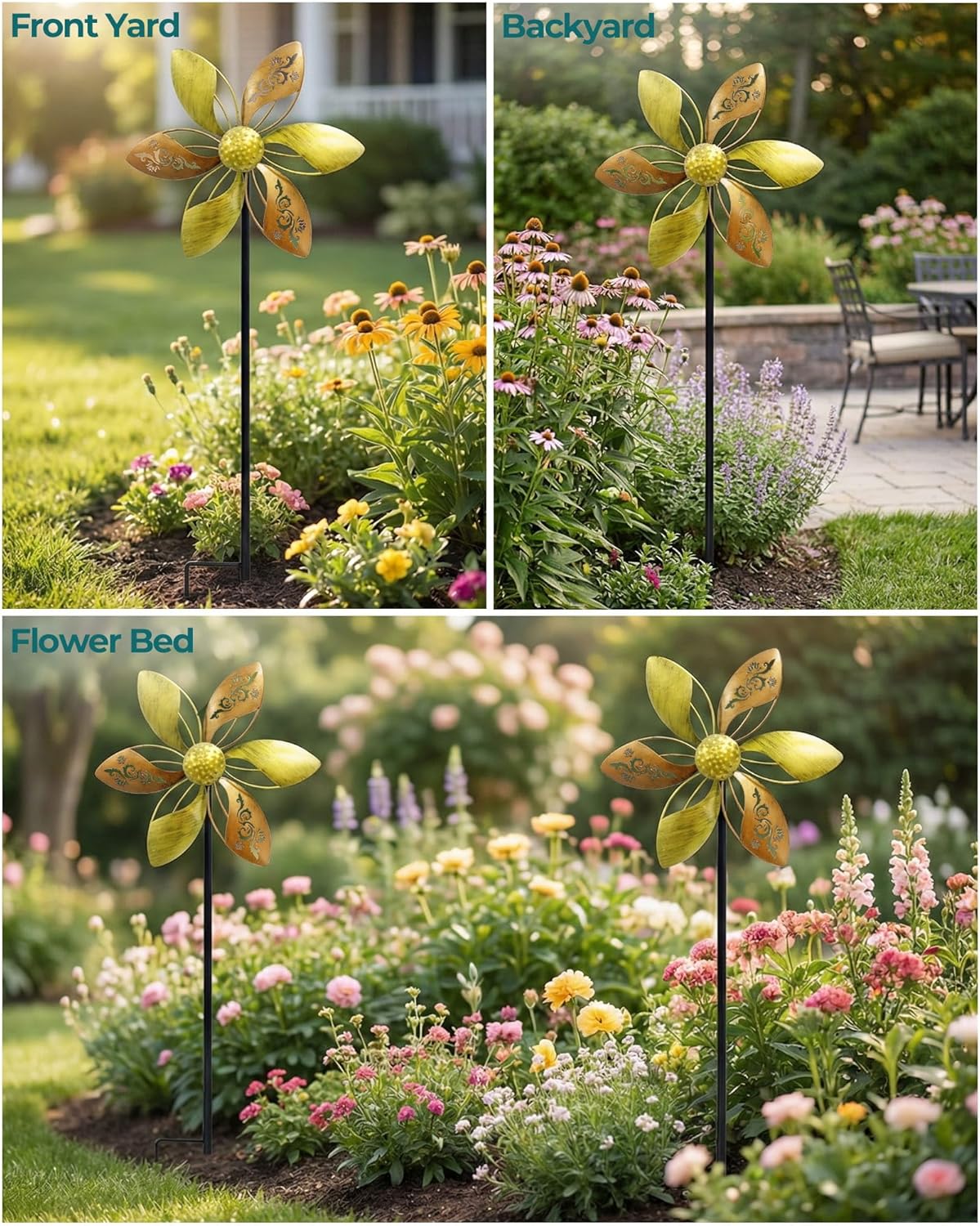 37" Metal Wind Spinner for Yard & Garden, 10" Kinetic Outdoor Garden Spinner, Rust-Resistant Decorative Yard Art (Gold Ornate Laser-Cut Floral)