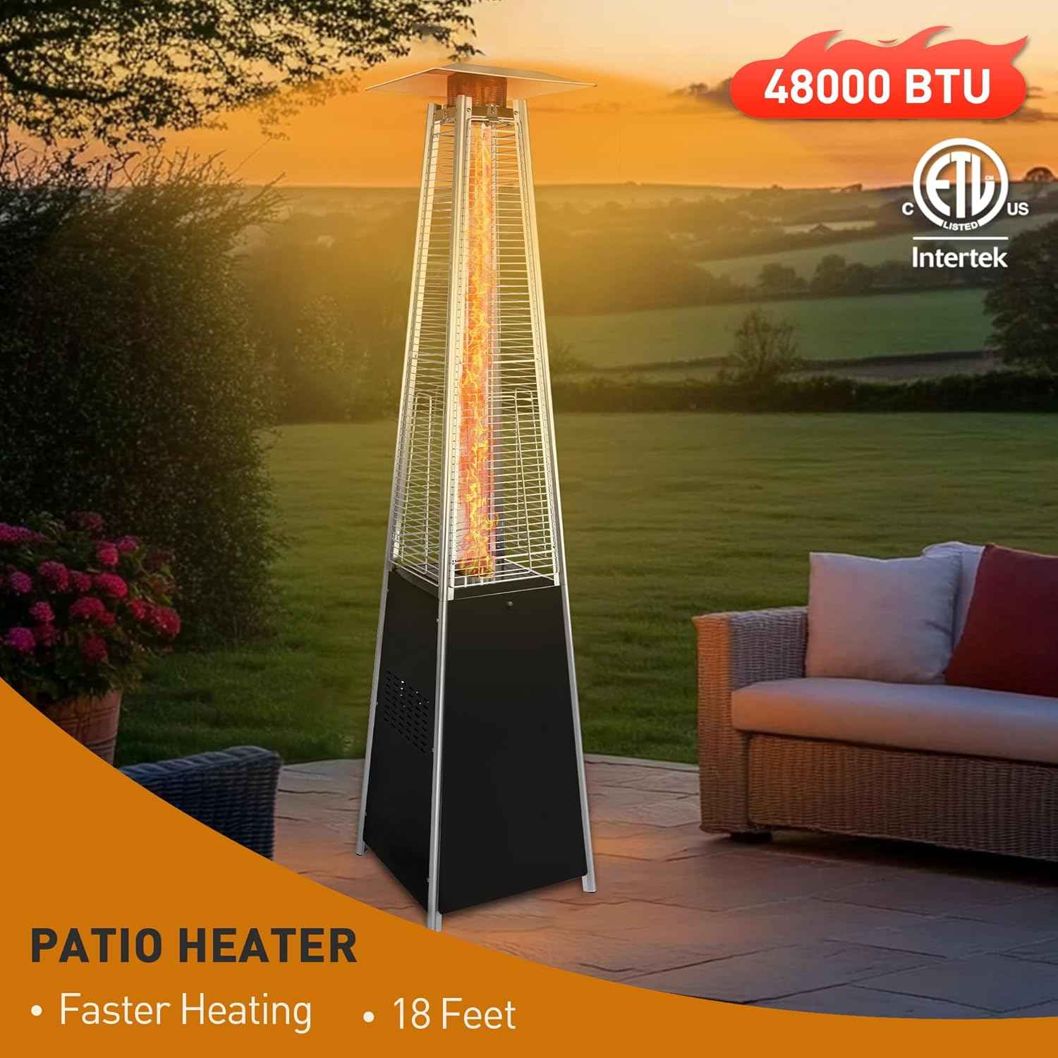 Pyramid outdoor heater, 48000 BTU Propane Patio Heater with Detachable Wheels and Protective Cover, Outdoor Propane Heaters for Patio(Black)