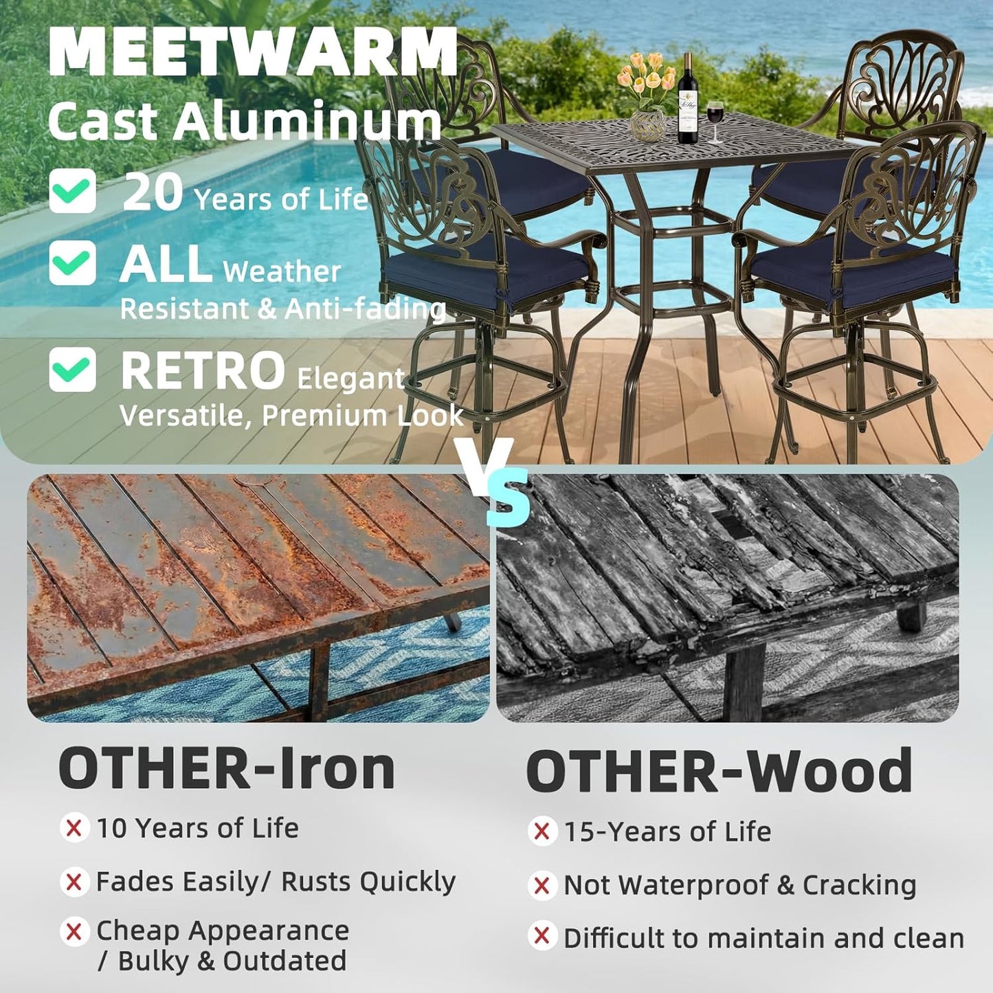 MEETWARM 5-Piece Patio Swivel Bar Set, All-Weather Cast Aluminum Outdoor High Bar Stool Bistro Set for Backyard Garden with 4 Cushions Bar Chairs with Footrest and 35.4" Bar Table, 2.2" Umbrella Hole