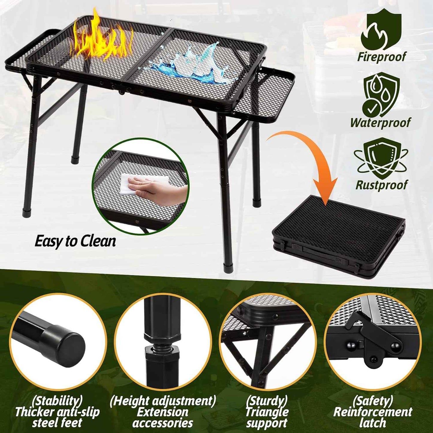 2.5 FT Picnic Table with 2 Wing Panels, Mesh Metal Folding Grill Table Height Adjustable & Lightweight & Portable Table for Outdoor Indoor Camping, Picnic, Beach and BBQ, RV