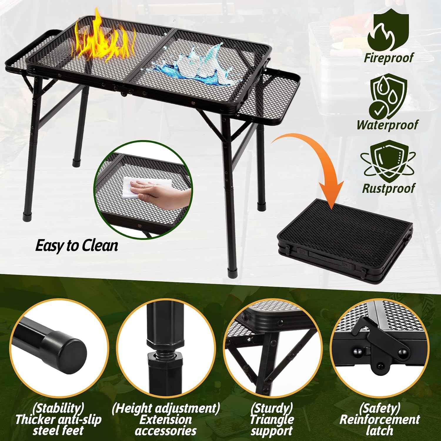 2.5 FT Picnic Table with 2 Wing Panels, Mesh Metal Folding Grill Table Height Adjustable & Lightweight & Portable Table for Outdoor Indoor Camping, Picnic, Beach and BBQ, RV