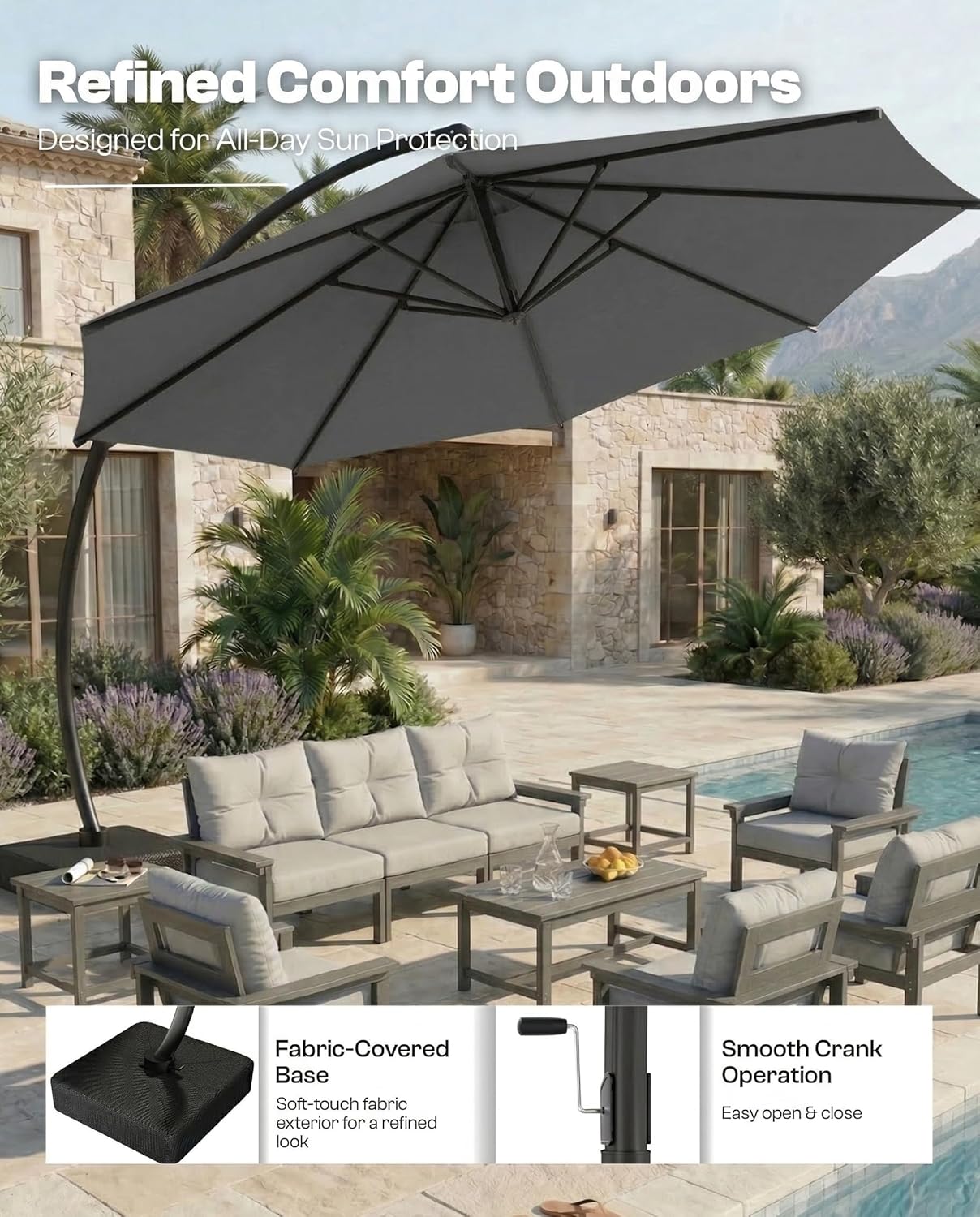 11 FT Cantilever Umbrella with Base Included, Large Round 360° Rotation Offset Umbrella Outdoor Patio, Heavy Duty Aluminum Frame, Sand-Weighted Stand, for Deck, Backyard, Pool, Garden (Grey)