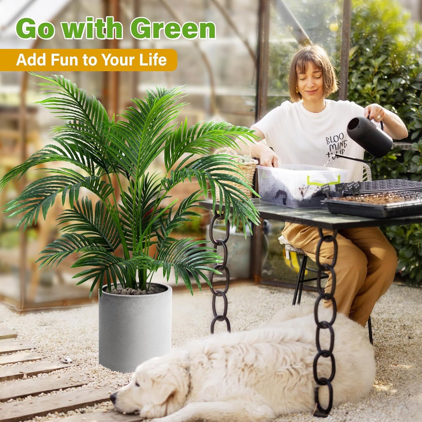 KOL 4ft Artificial Areca Palm Tree Plant, 47in Fake Cane Palm Silk Tree Indoor Outdoor, Dypsis Lutescens, Realistic Faux Silk Plants for Office Home Garden Decoration, Lifelike Modern Decor