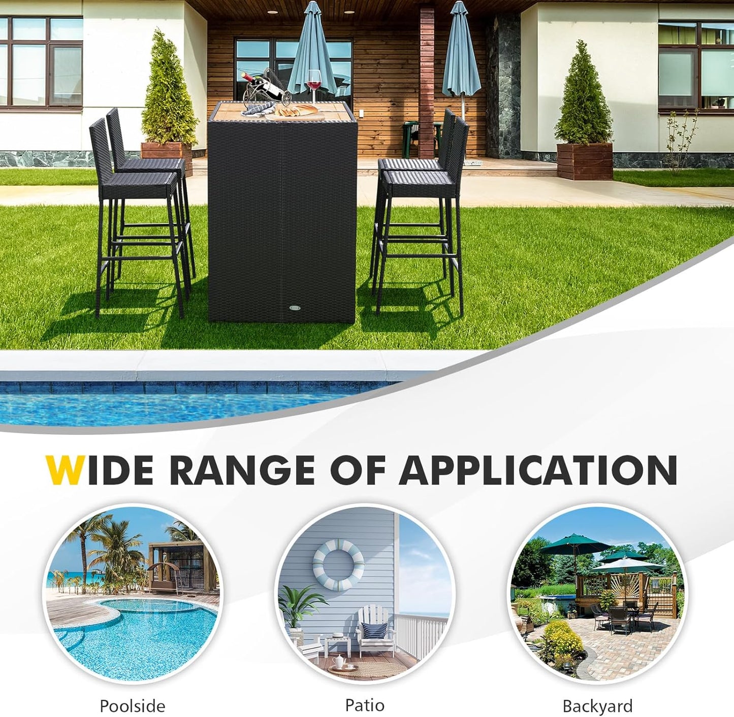RELAX4LIFE 5-Piece Outdoor Bar Set - Wicker Rattan Bar Height Dining Table w/Acacia Wood Top & 4 Bar Stools Chairs w/Seat Cushions, Backrest, Footrest, Outside Patio Bistro Set for Backyard (47.5'')