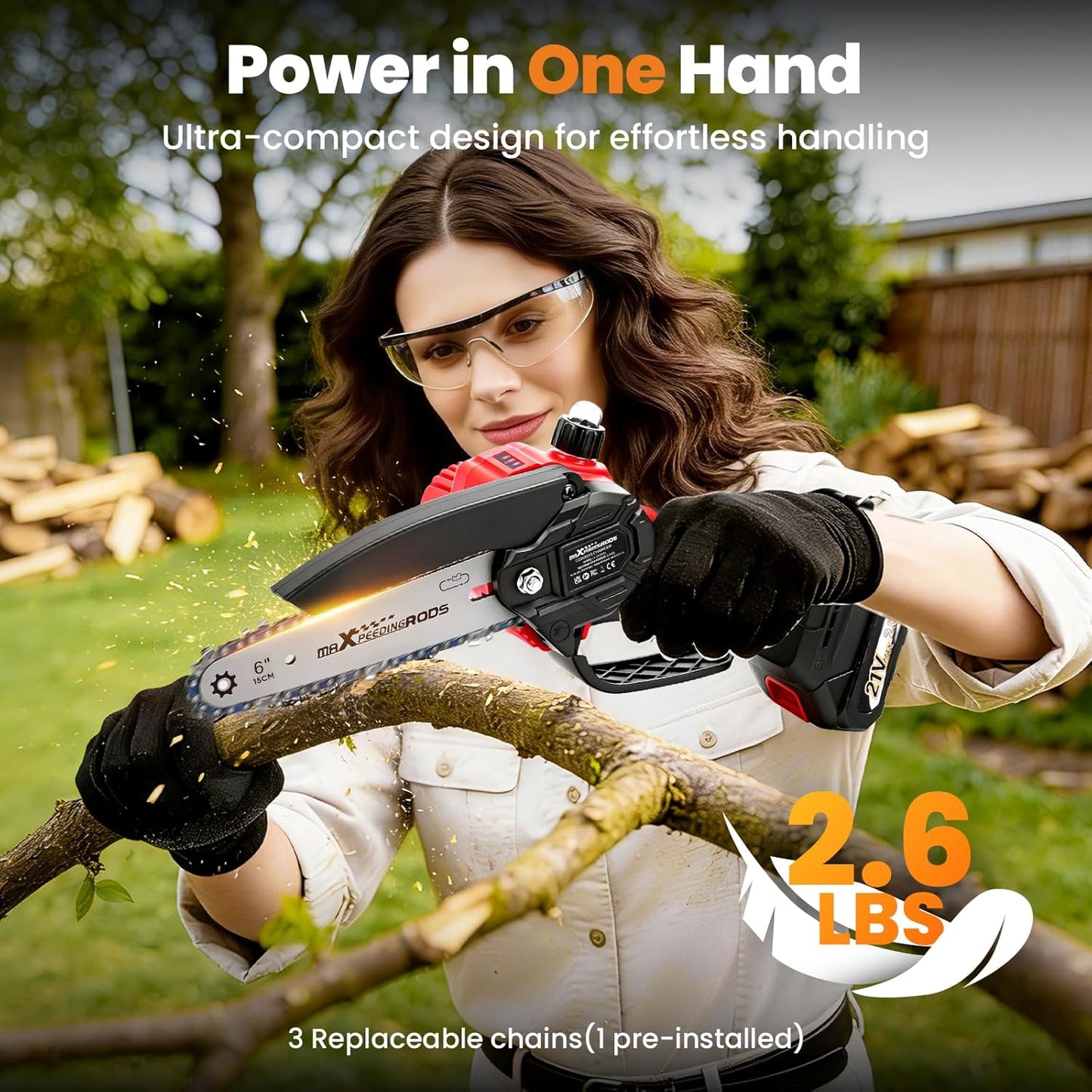maXpeedingrods Mini Chainsaw Cordless, 6 inch Chainsaw Handheld Power Chain Saws with 2 Batteries, 3 x Durable Chains, Electric Chainsaw Lightweight Handheld Saw for Tree Trimming, Wood Cutting, Red