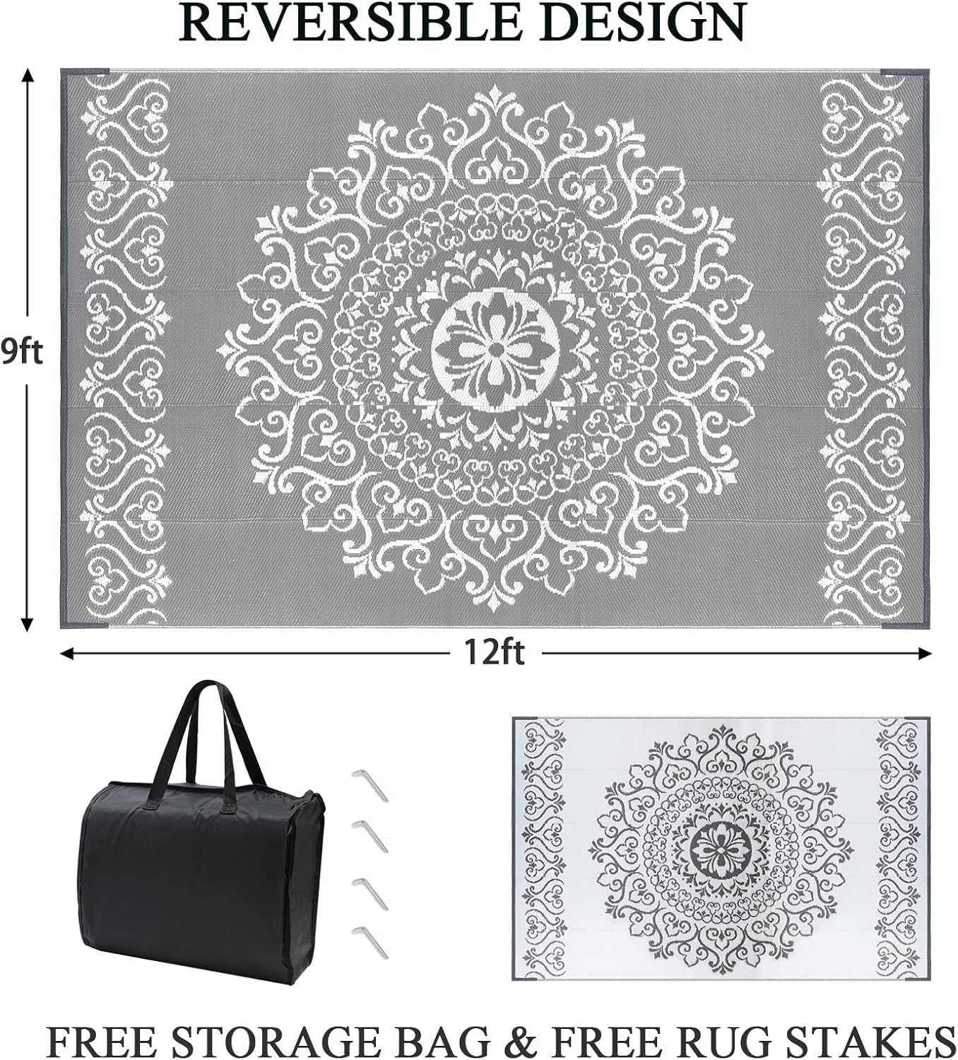 Pauwer Waterproof Outdoor Rug 9x12, Reversible Plastic Straw Patio Camping Rug, Indoor Outdoor RV Mat Carpet for Deck, Camper, Porch, Balcony, Backyard, Picnic, Floral Grey